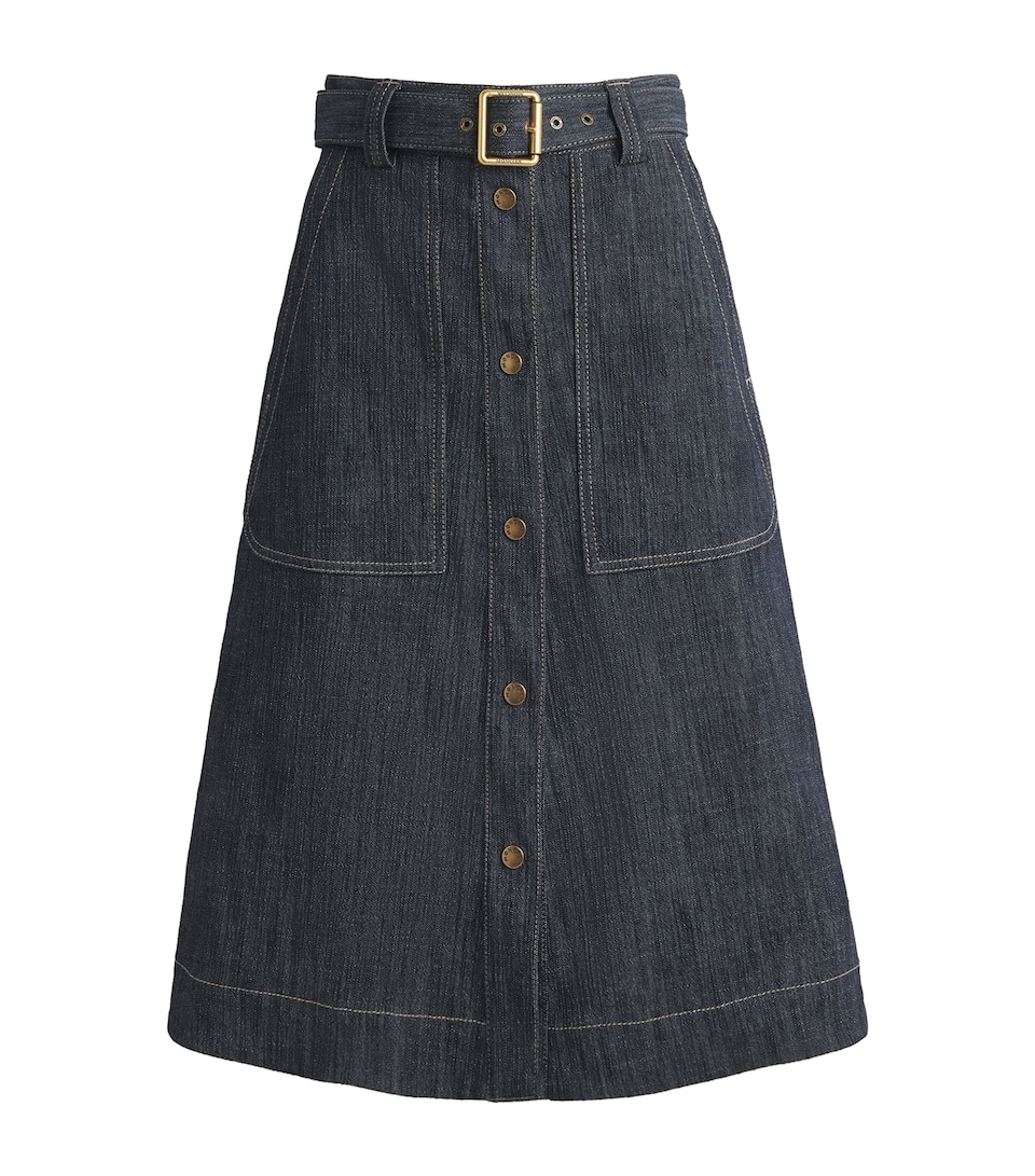 Moncler Womens Denim Belted Midi Skirt
