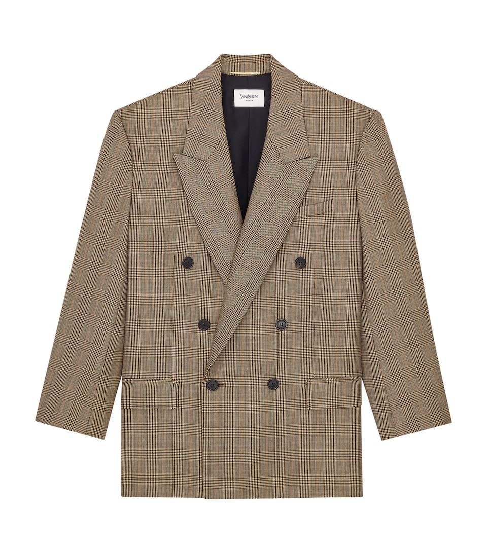 Saint Laurent Womens Wool Check Double-Breasted Blazer