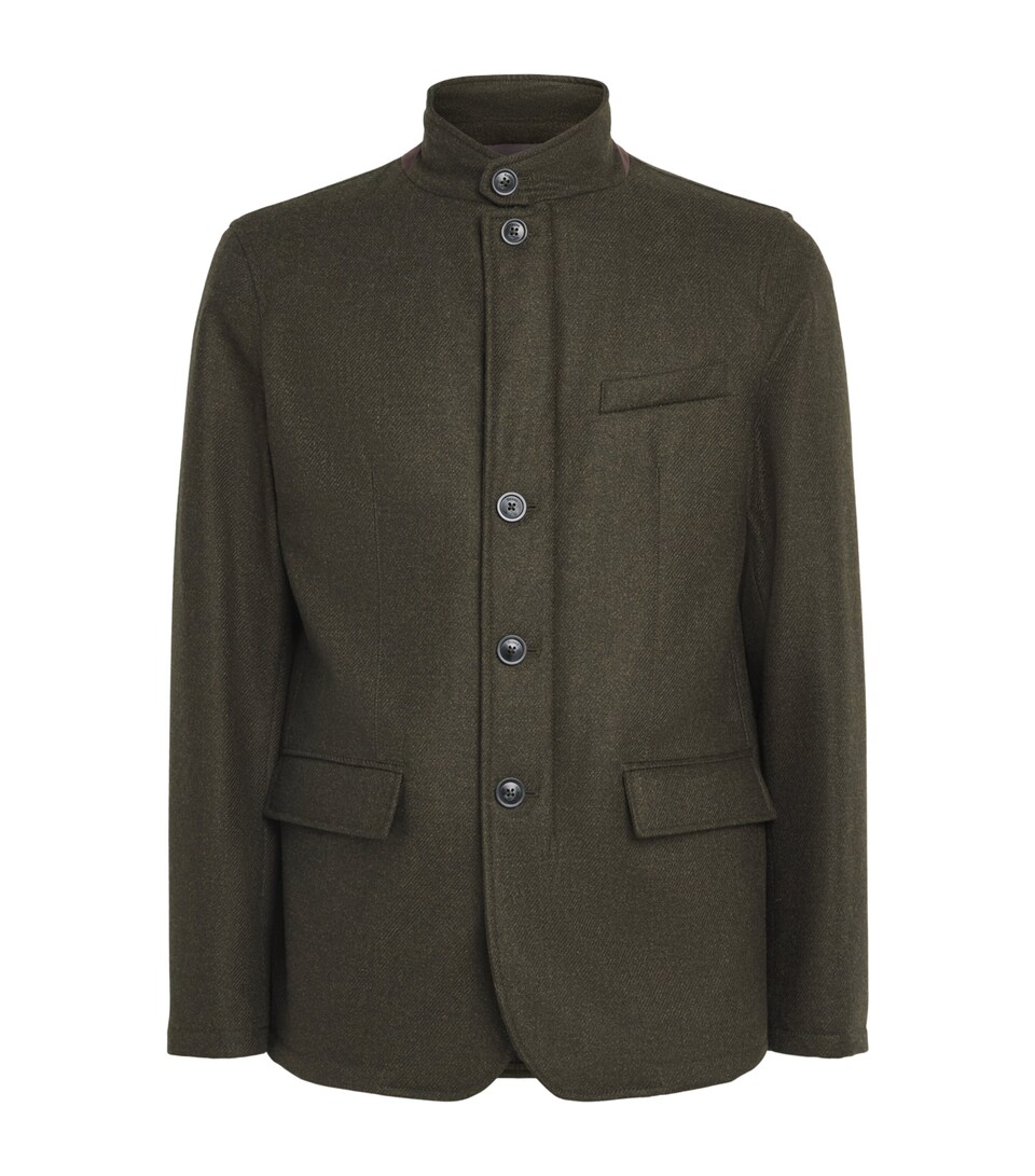 Herno Mens Wool-Silk High-Neck Shacket Verde Militare