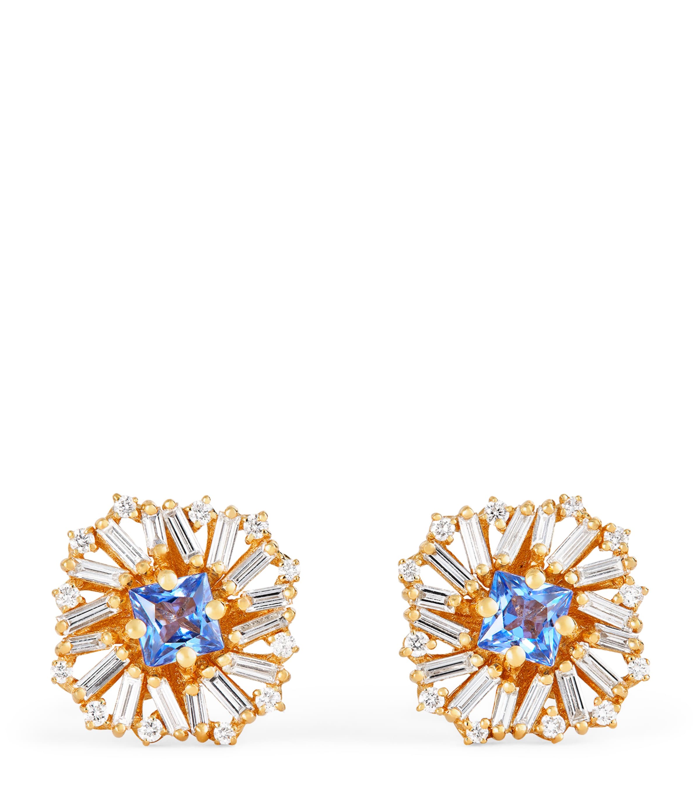 Yellow Gold, White Diamond and Sapphire Princess Earrings