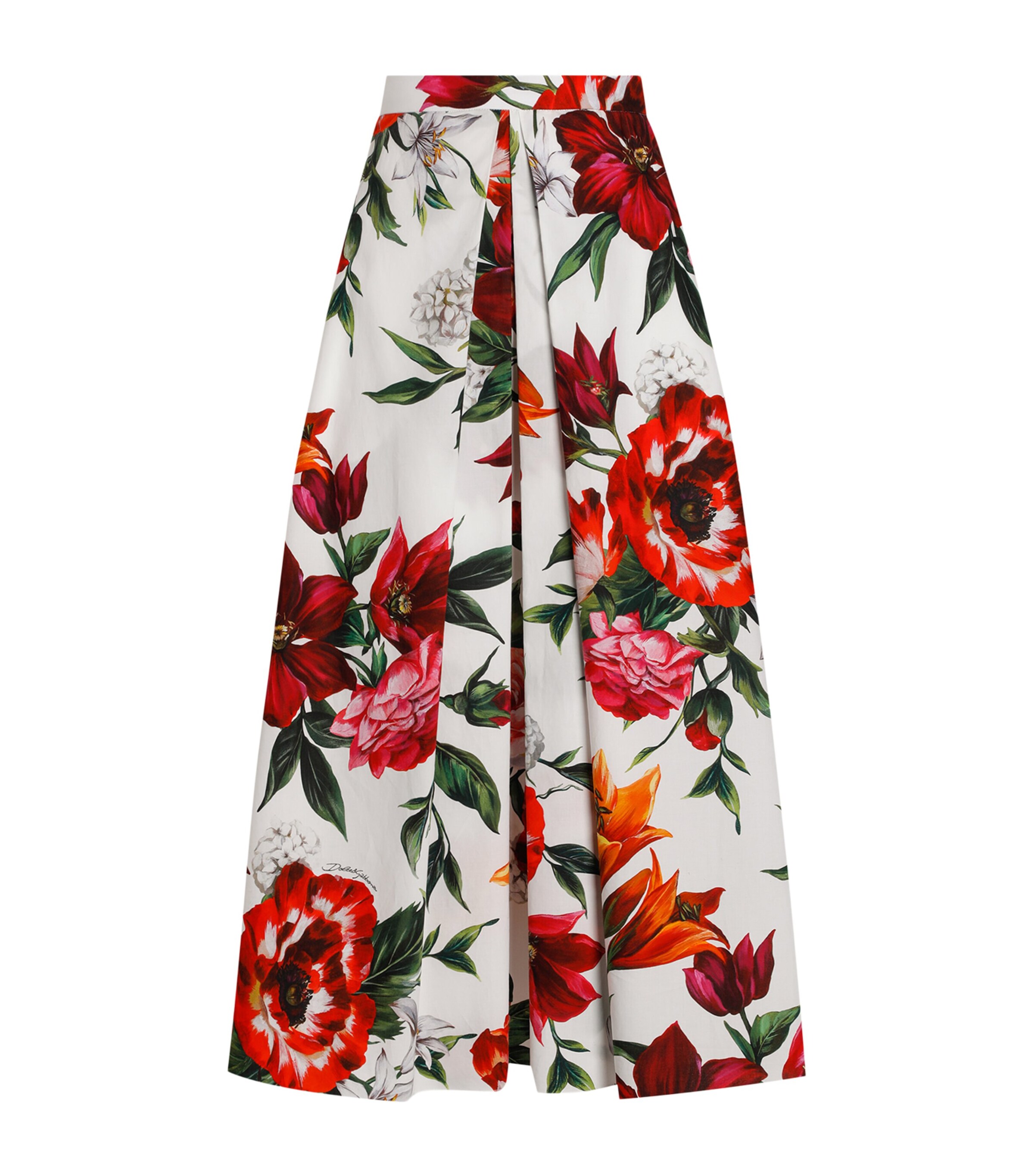 Cotton Poplin Pleated Floral Print Midi Skirt