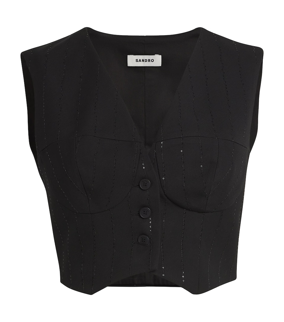 Sandro Paris Womens Sequin-Stripe Waistcoat Black