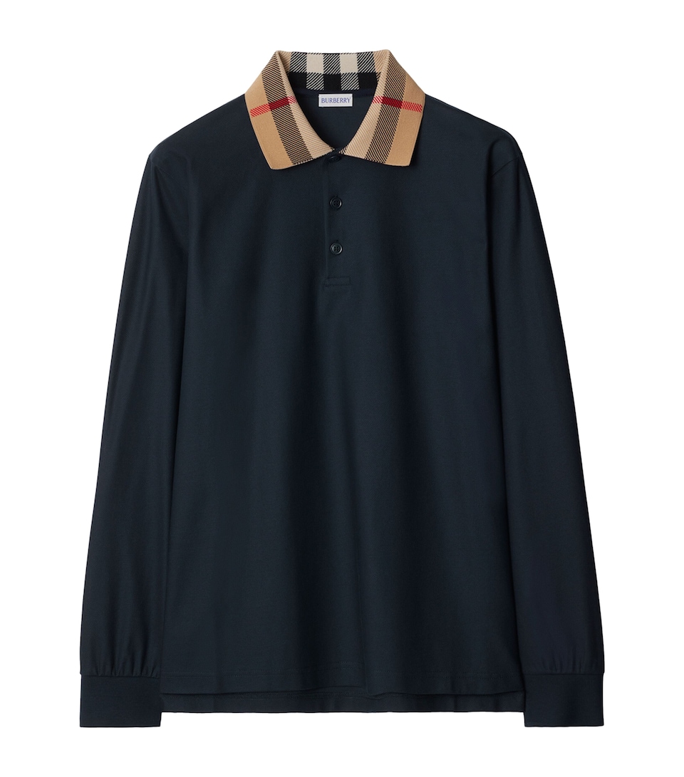 Cotton Check-Collar Long-Sleeve Polo Shirt