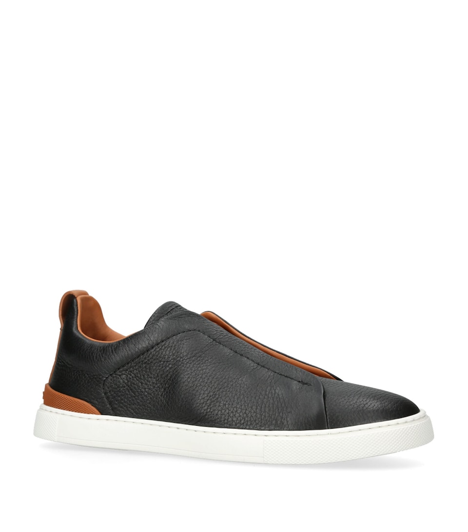 Zegna Leather Triple Stitch Sneakers Blk/brown