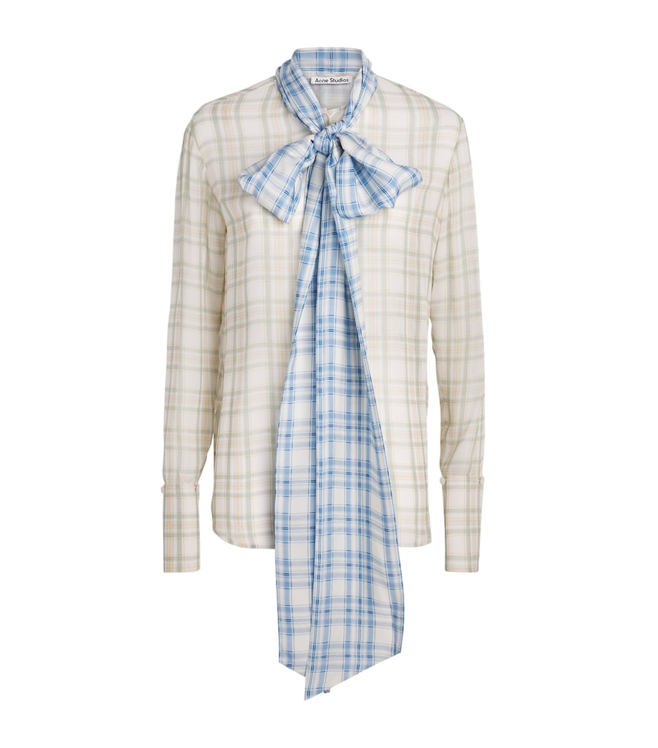 Acne Studios Womens Silk Check Scarf-Collar Shirt Green/orange