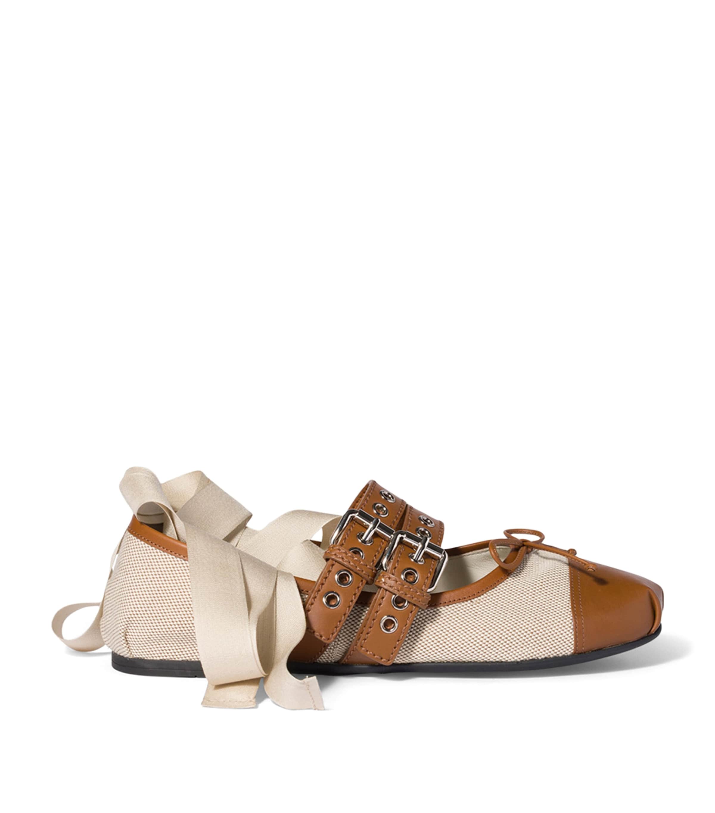 Miu Miu Canvas Leather-Strap Ballet Flats