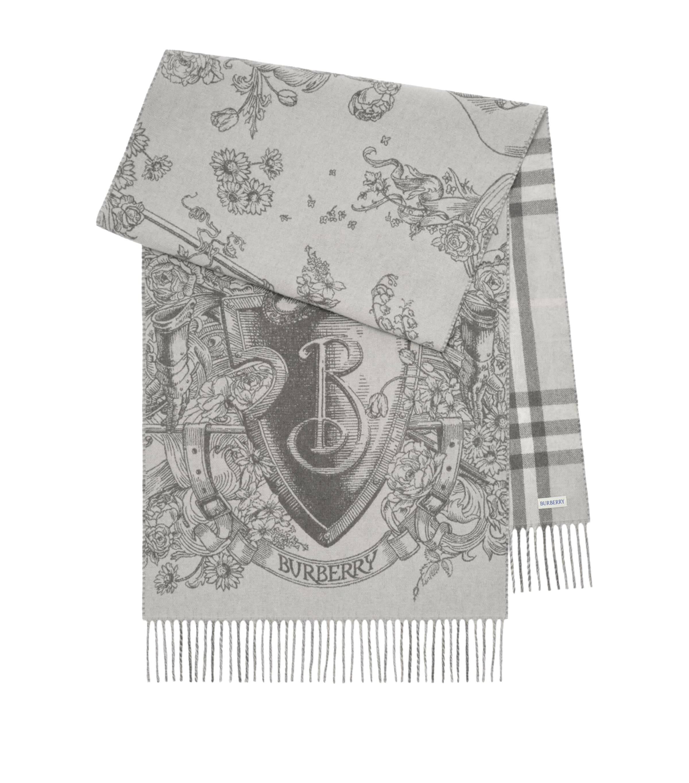 Burberry Cashmere Reversible Etched Knight Scarf Mitten Grey