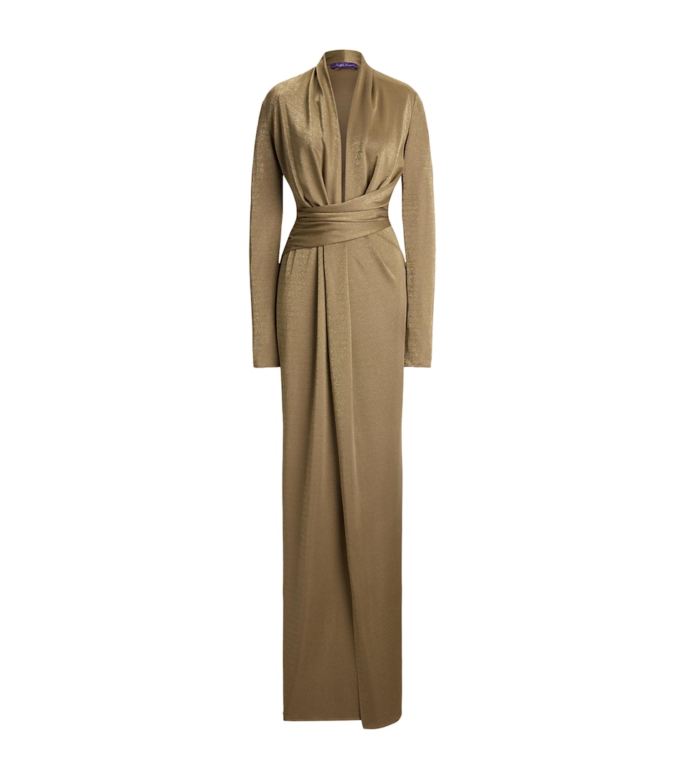 Ralph Lauren Collection Womens Metallic Jersey Ashten Maxi Dress Antique Gold