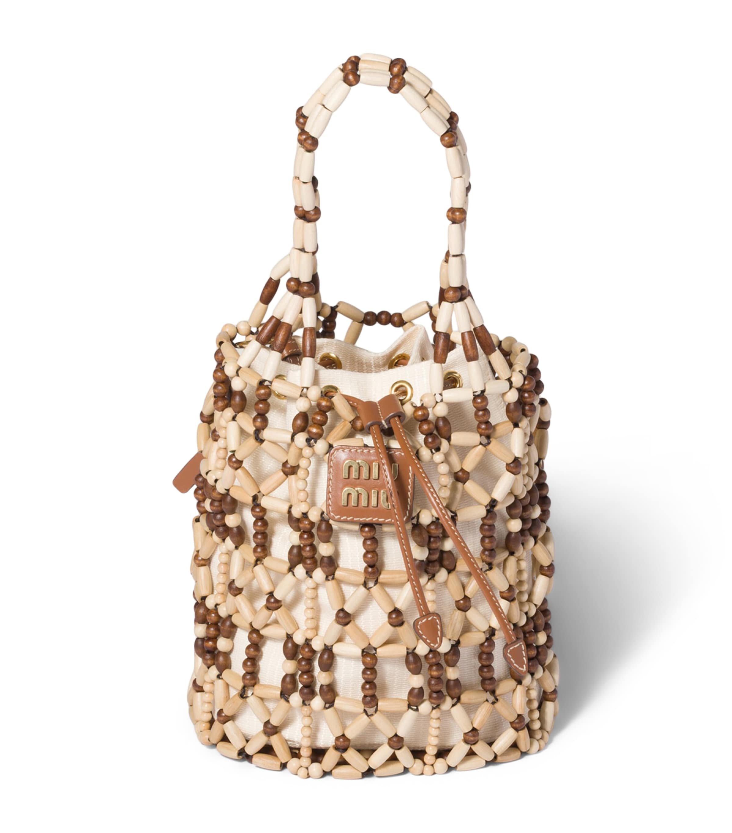 Miu Miu Beaded Mesh Bucket Bag Neutral