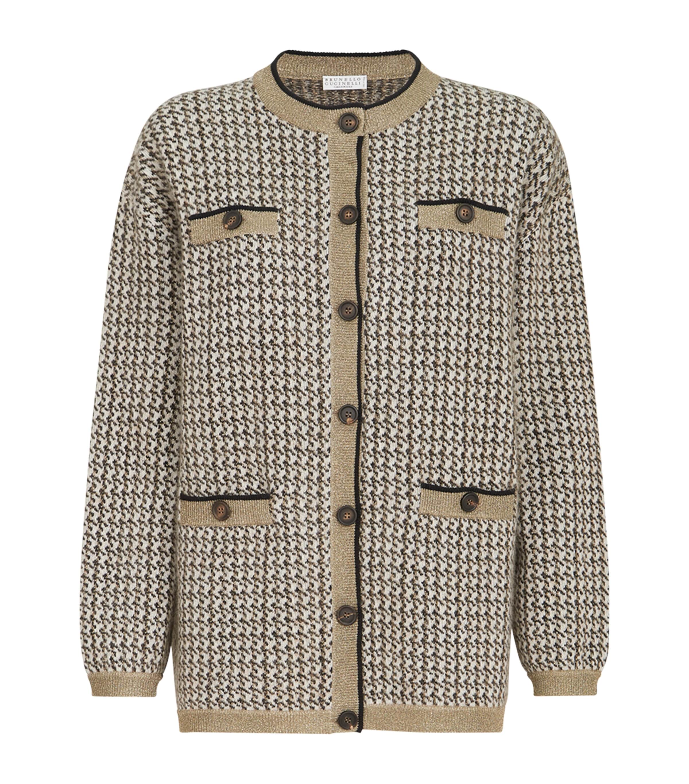 Brunello Cucinelli Womens Sparkling Houndstooth Cardigan Beige+black