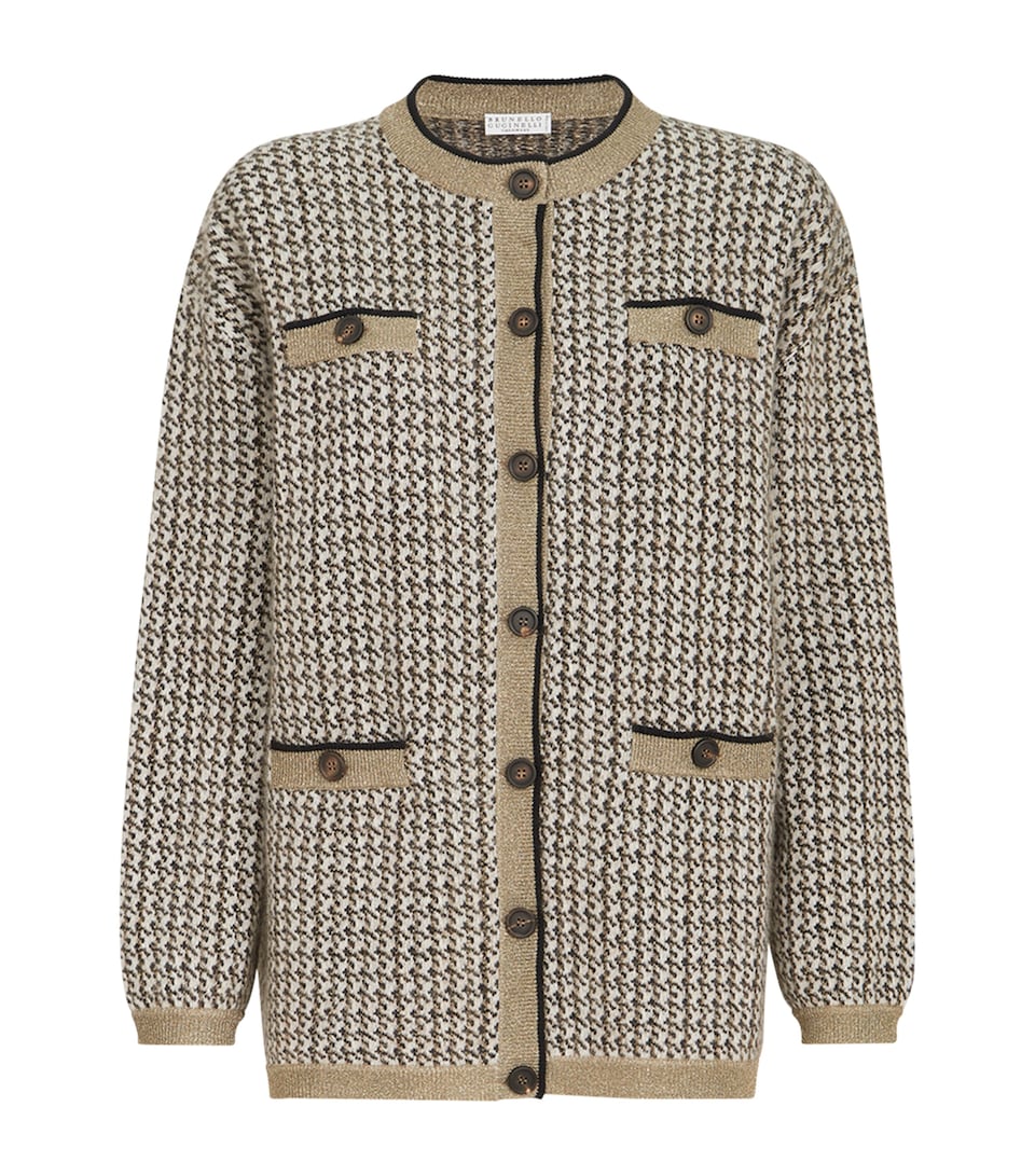 Brunello Cucinelli Womens Sparkling Houndstooth Cardigan Beige+black