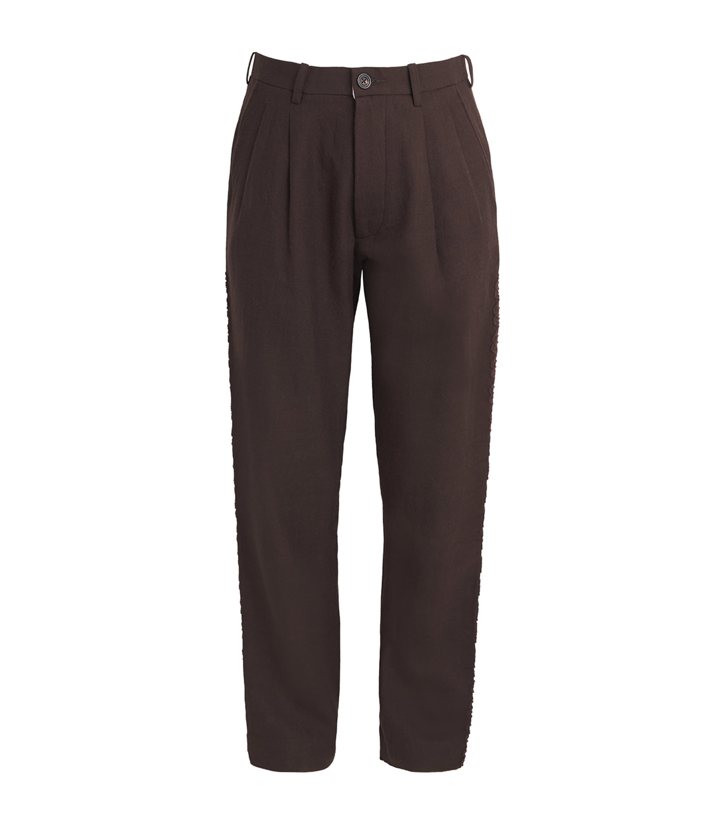 Kartik Research Mens Wool Embroidered Pleated Trousers Chocolate
