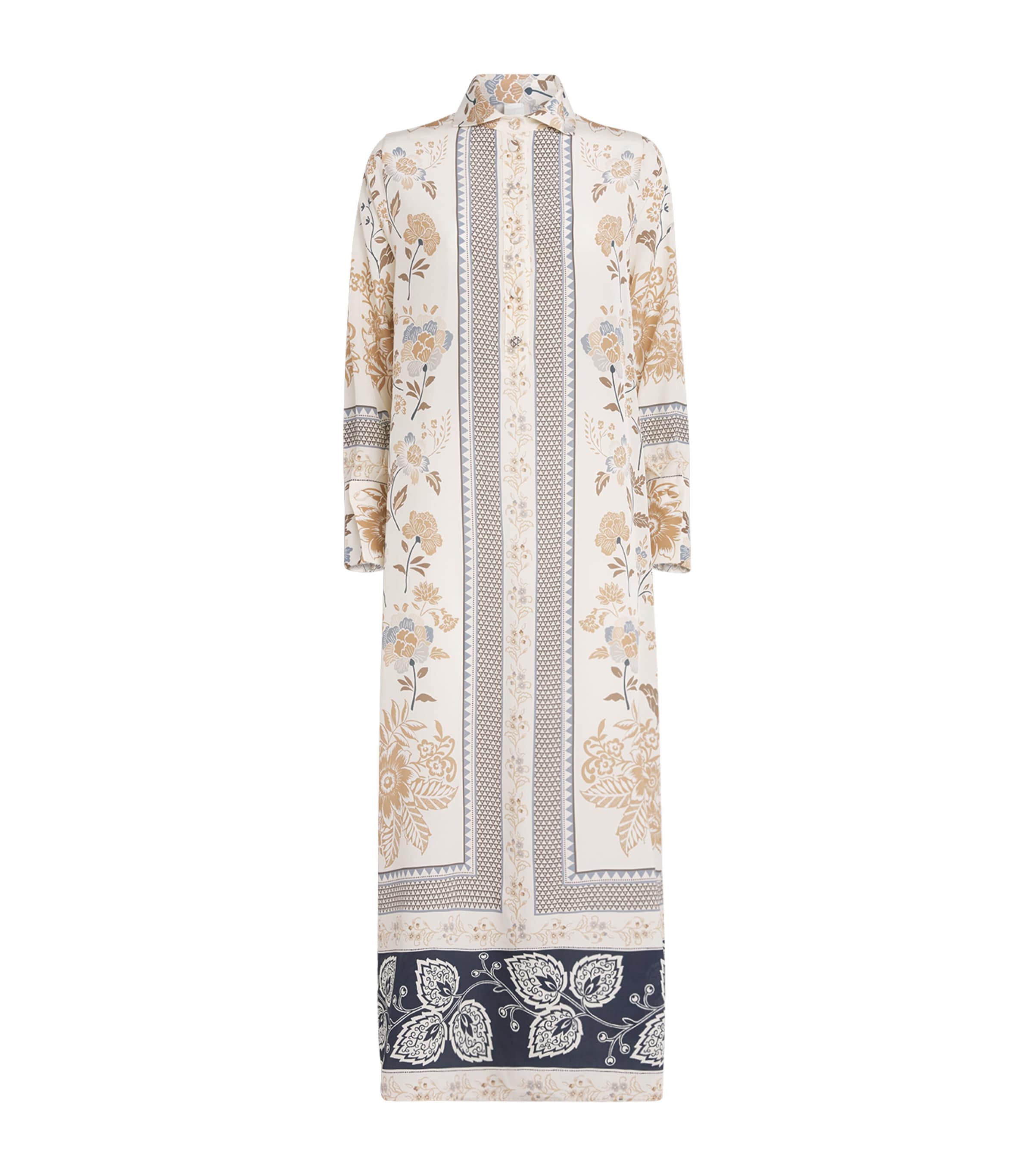 Eleventy Silk Floral Kaftan Maxi Dress In Gray