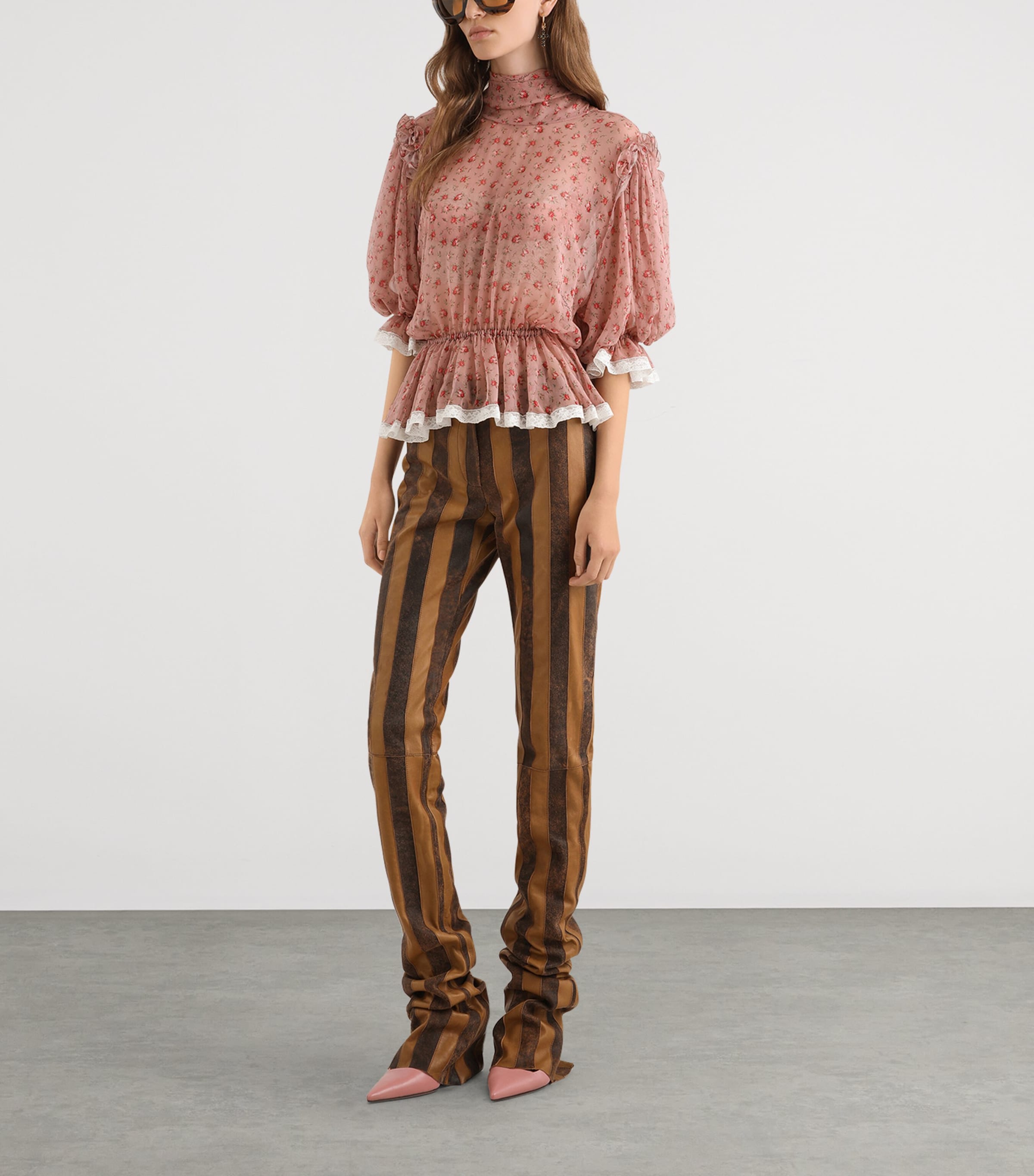 Dolce&Gabbana Womens Leather Striped Slim Trousers Comb Image 2