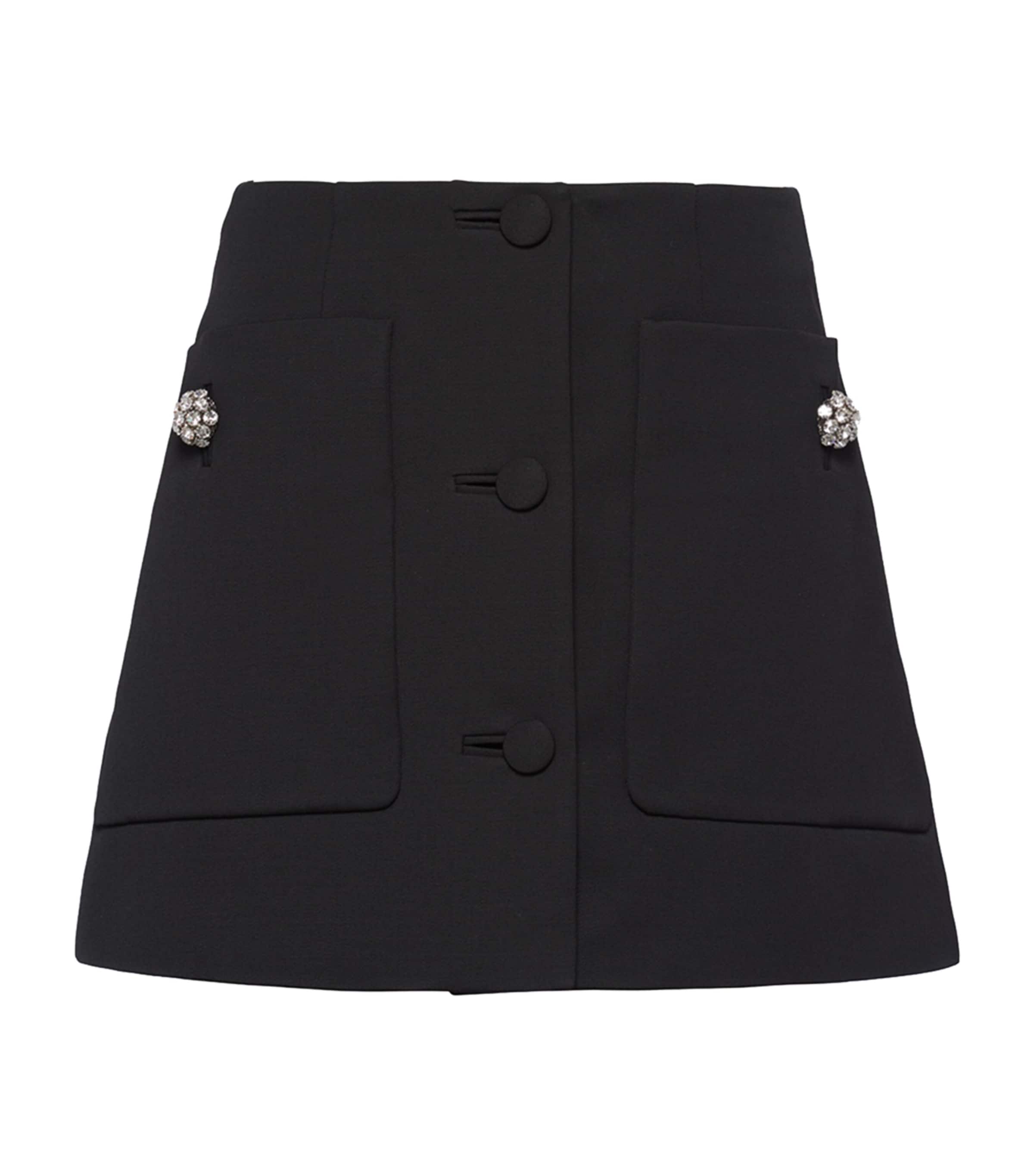 Prada Wool Mini Skirt With Oversized Pockets And Embellished Accents In Black