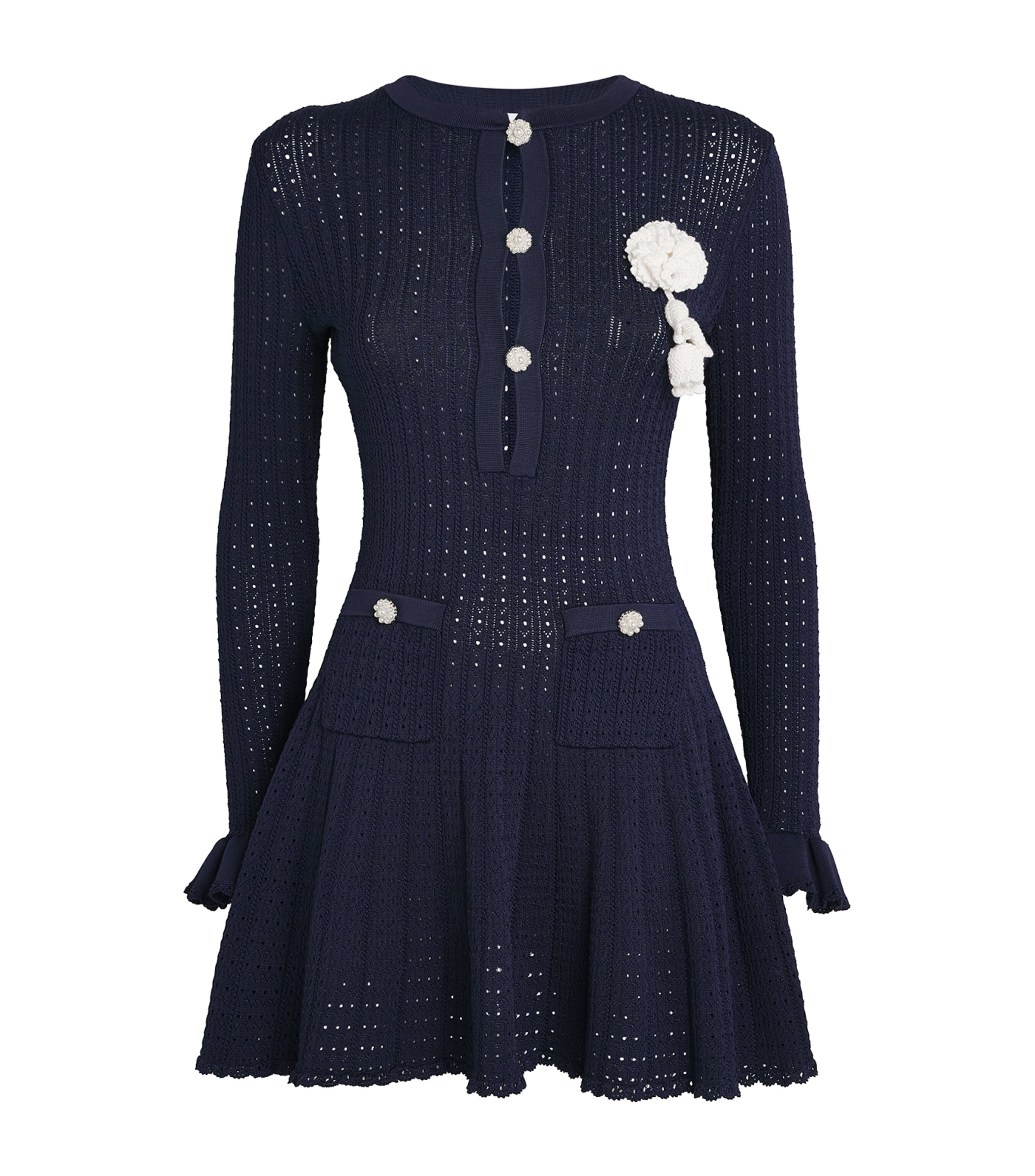 Self-portrait Perforated Knit Short Dress With Removable Lace Brooch In Blue