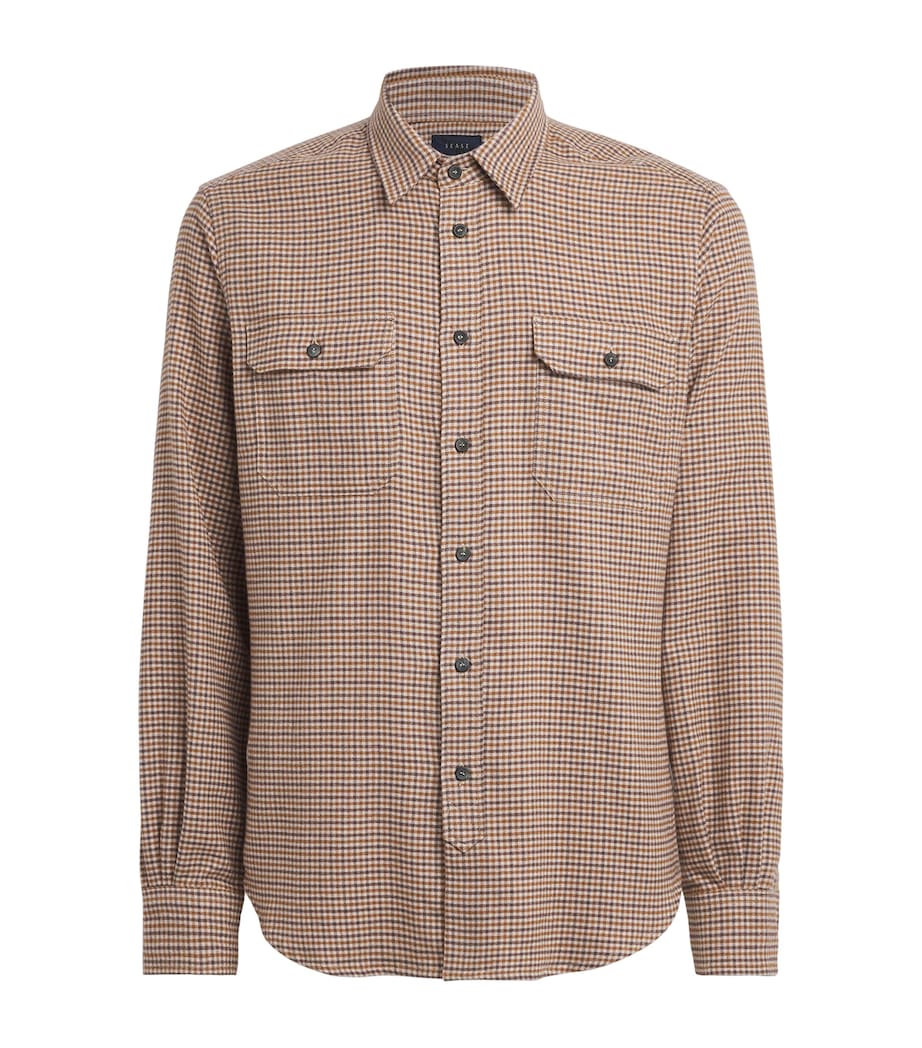 Sease Mens Brushed Cotton Flannel Military Shirt Brown Beige Image 1