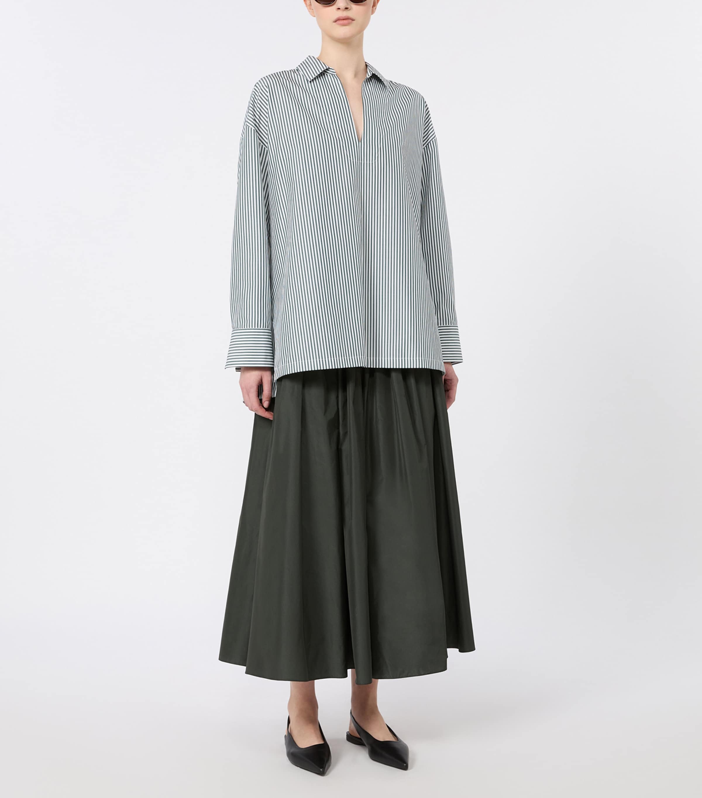 Max Mara Womens Cotton Poplin Stripe Blouse Dark Green Image 2