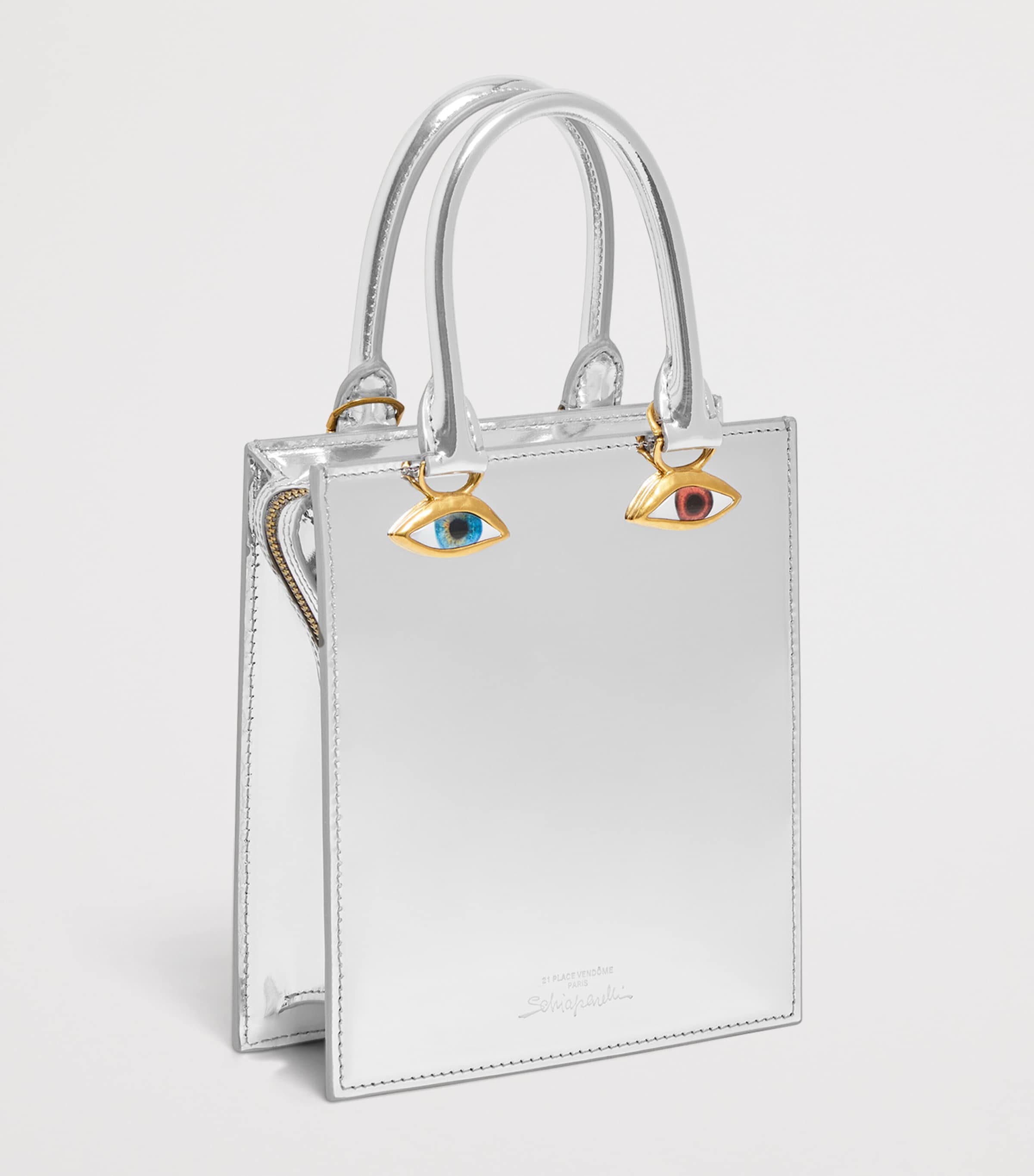 Schiaparelli Mini Metallic Leather Face Top-Handle Bag Silver Image 3