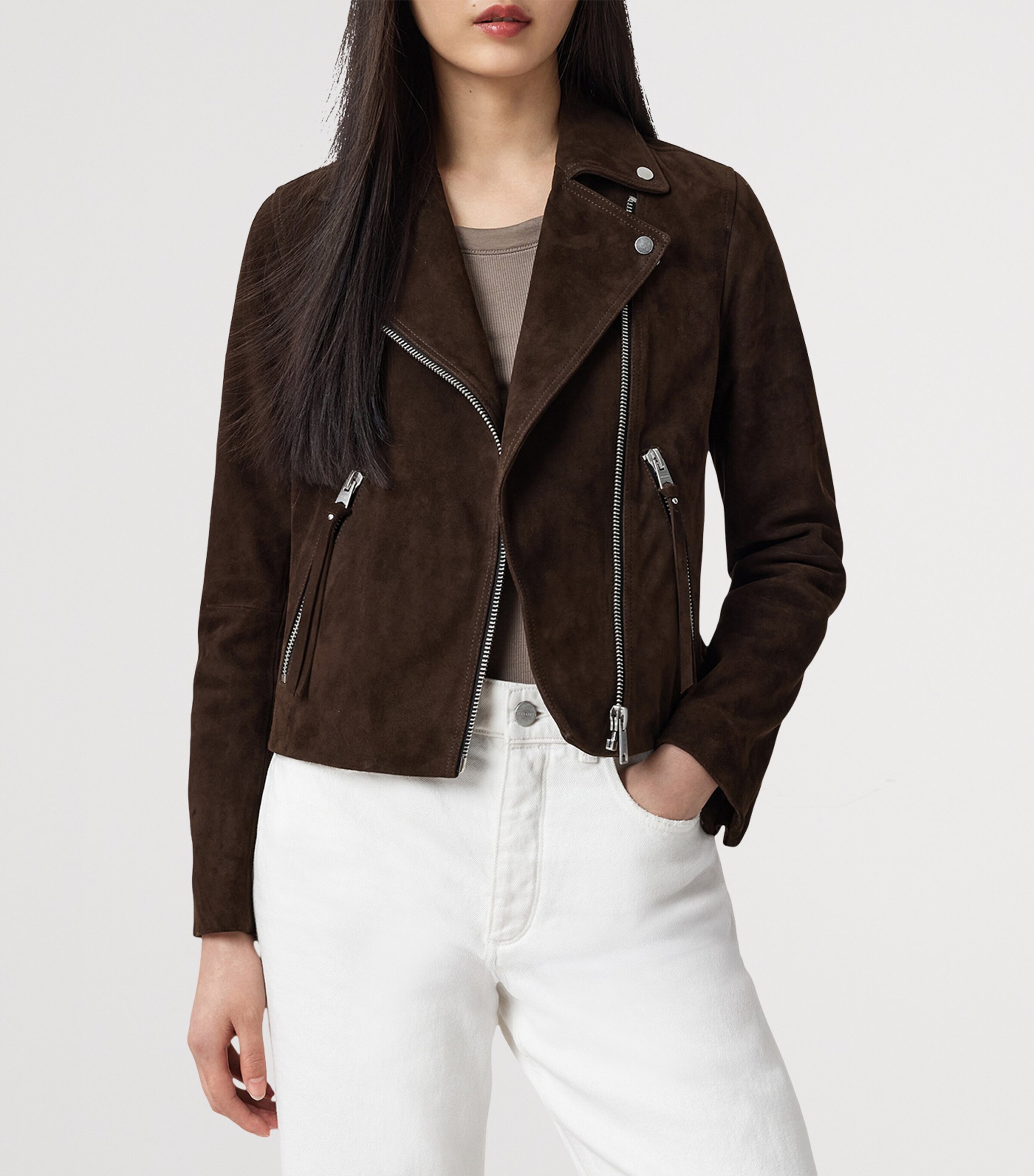 AllSaints Womens Suede Dalby Biker Jacket Fango Brown Image 5