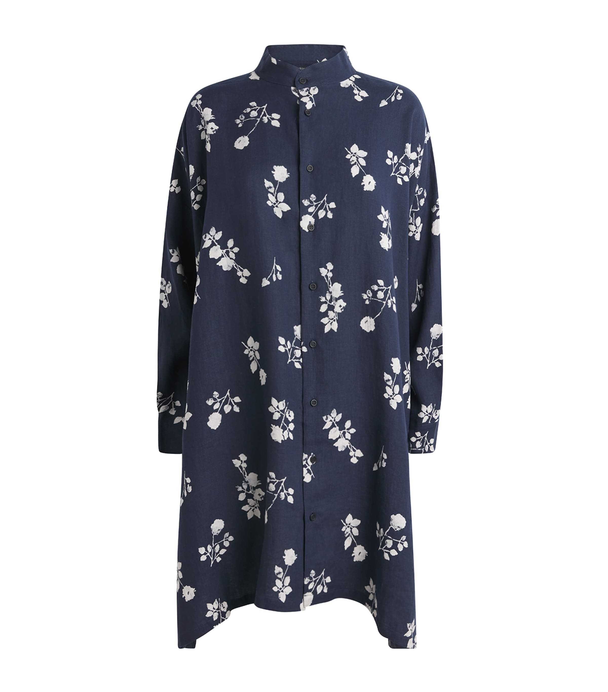 Eskandar Linen Floral Midi Shirt Dress In Blue