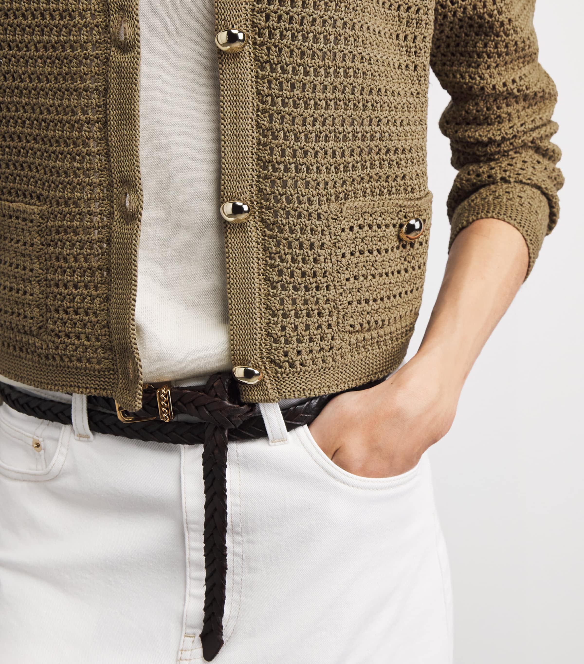 Fabiana Filippi Womens Cotton Open-Knit Cardigan Kaki Image 3