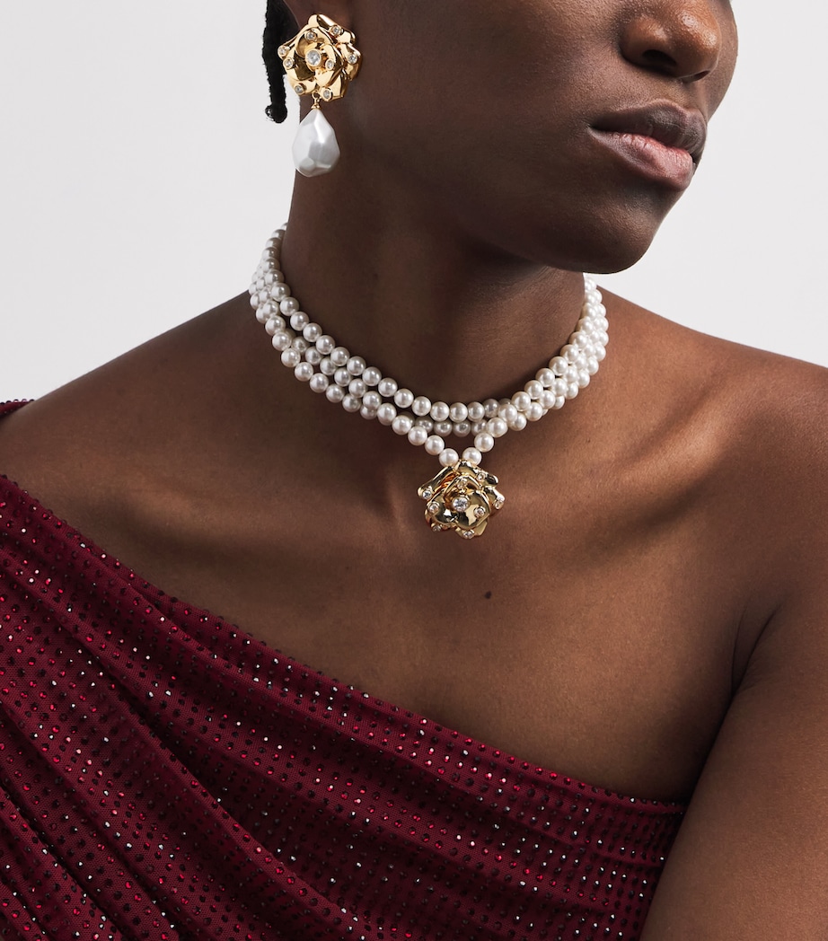 Crystal and Faux Pearl Flower Earrings GOLD Image 5