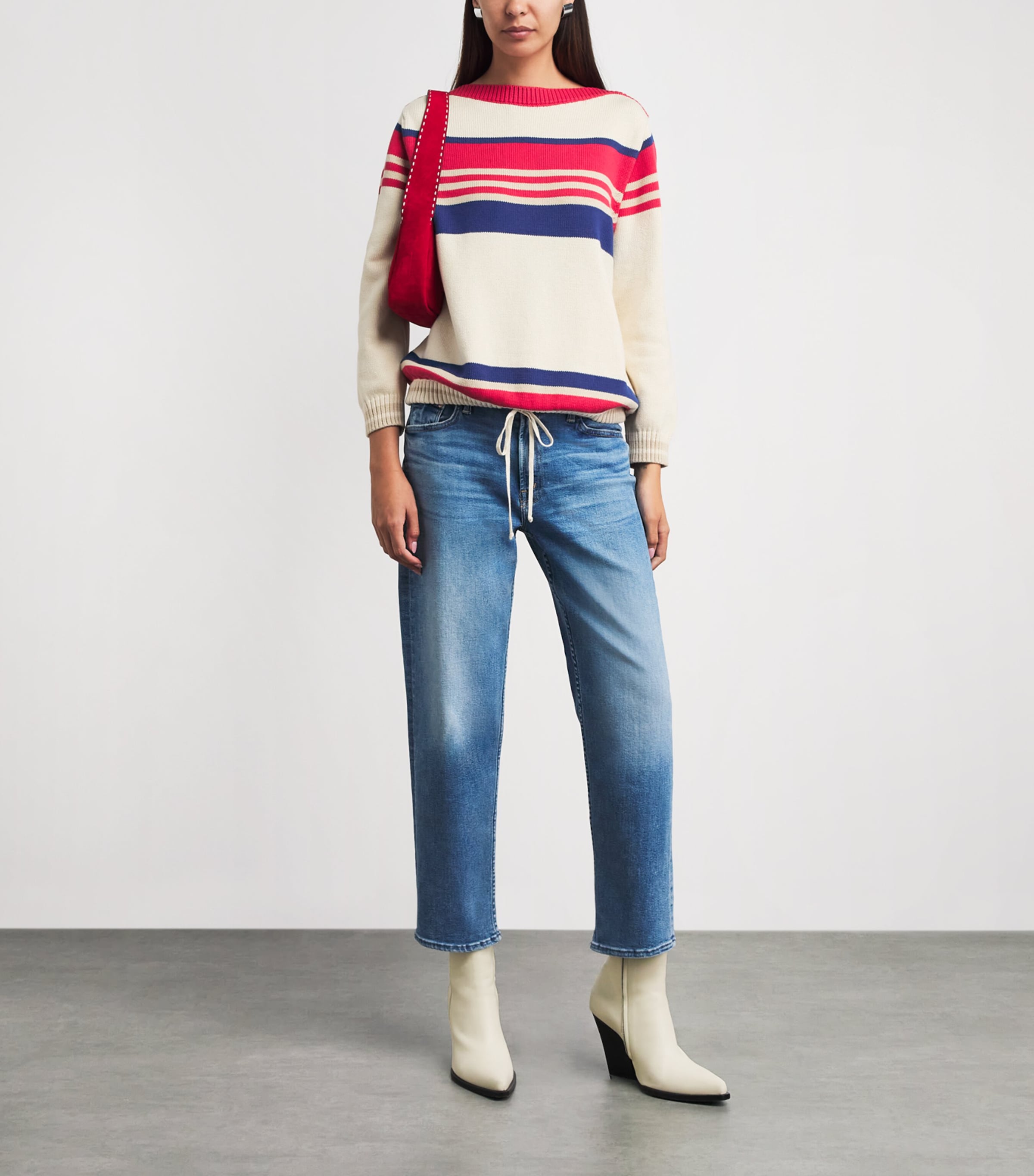 MOTHER Womens Cotton Striped Skipper Sweater Ivory Red Multi Strp Image 2