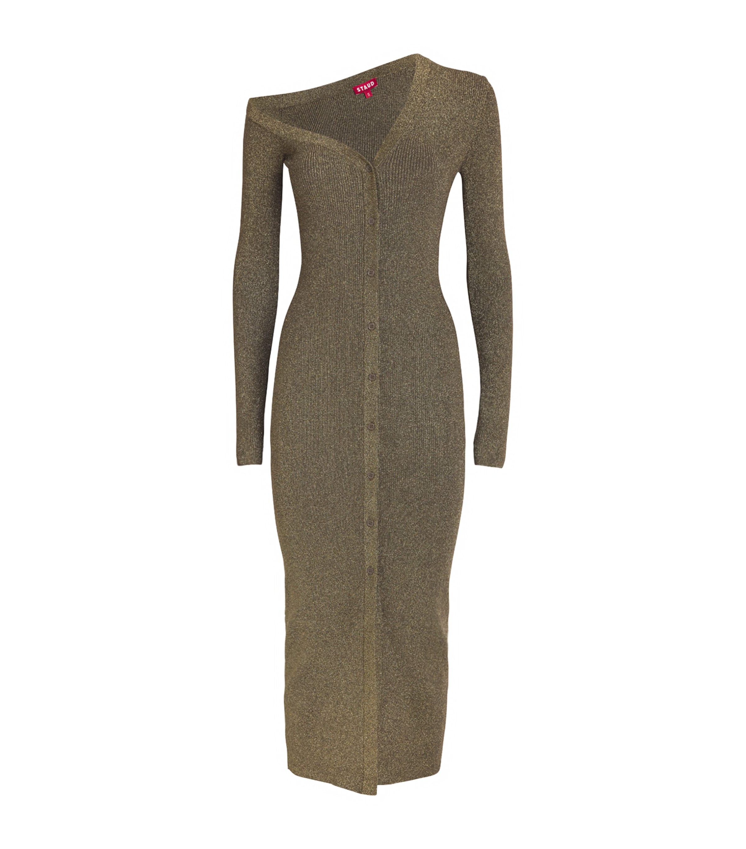 Shop Staud Knitted Craftsman Midi Dress In Gold