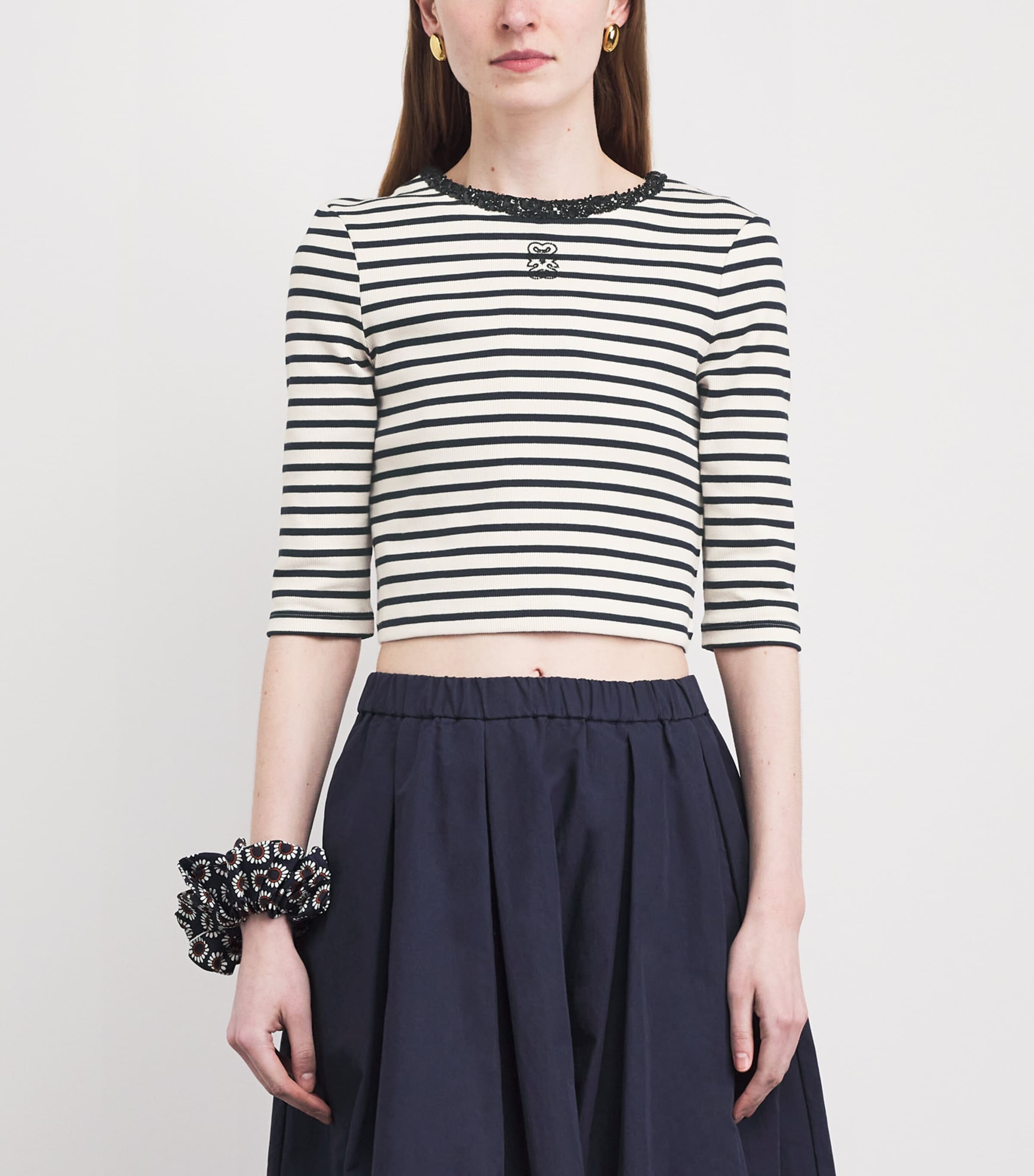 Sandro Paris Womens Stretch-Cotton Stripe Crop Top Navy Blue Image 4