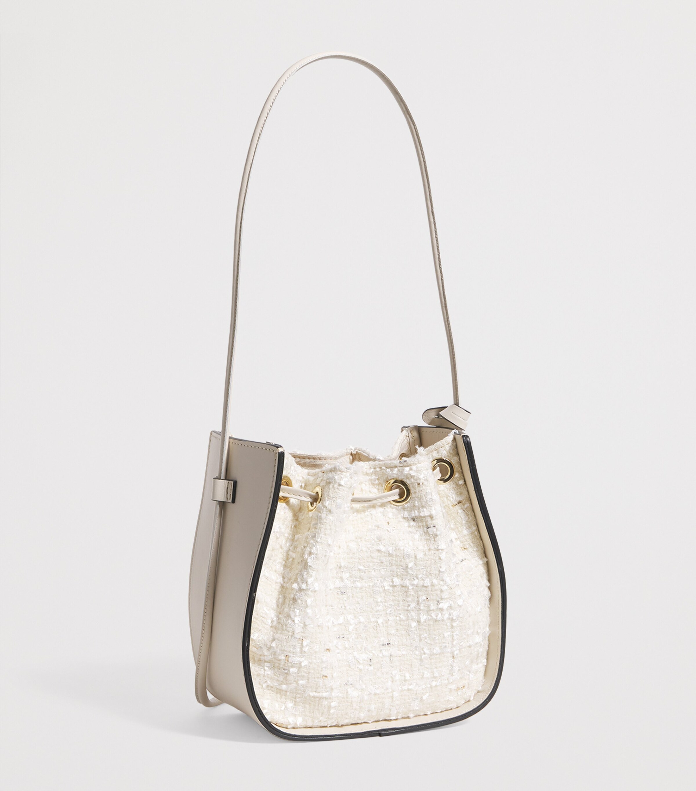 Leather-Tweed Drawstring Bucket Bag BIANCO Image 3