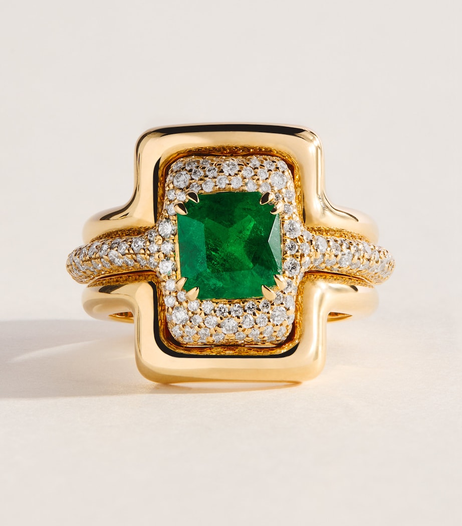 Azlee x Gemfields Yellow Gold, Pavé Diamond and Emerald Origins Contour Ring Yellow Gold Image 1