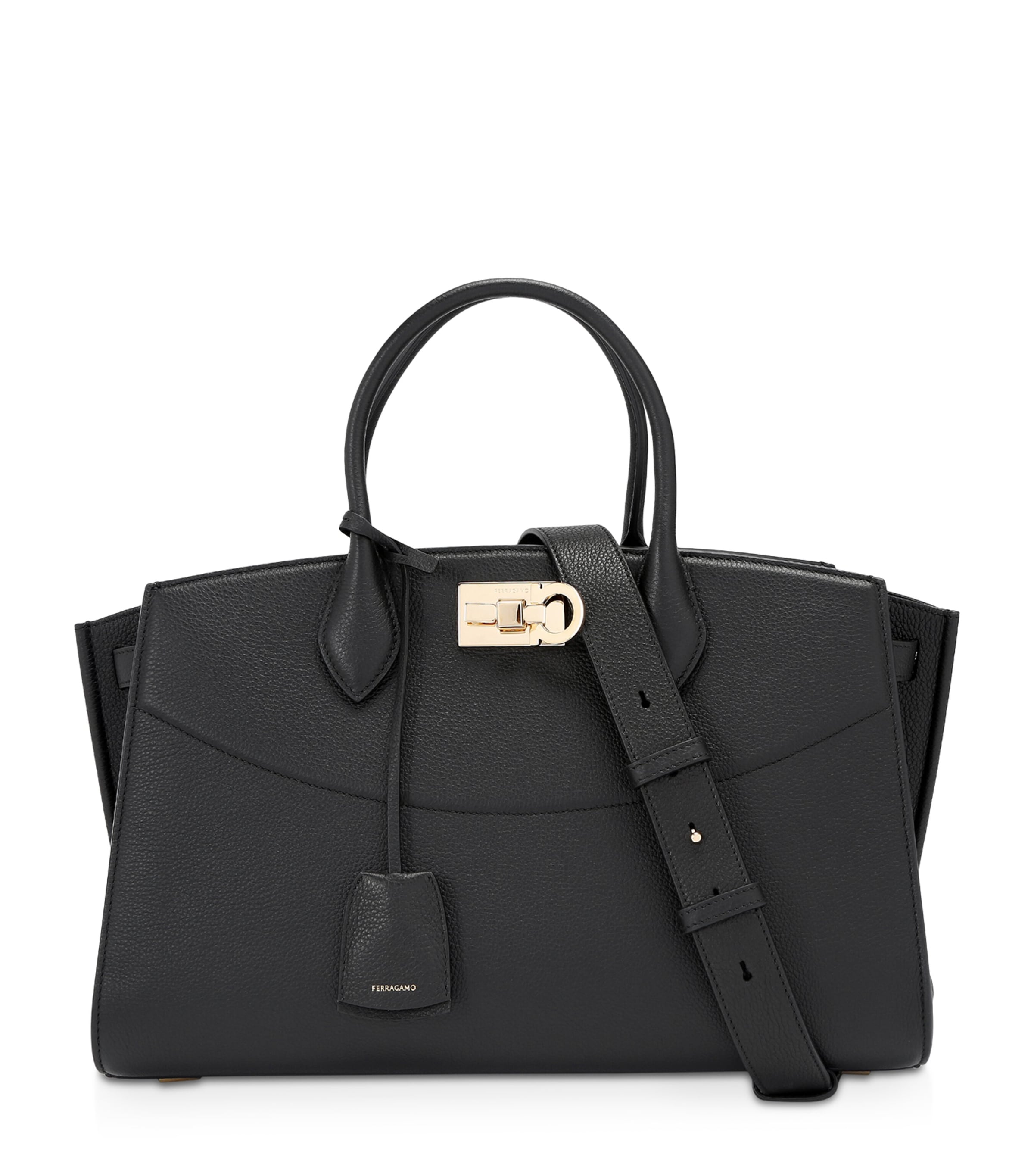 Ferragamo Black Handbag With Adjustable And Removable Shoulder Strap And Gancini Turn-lock Closure In Grained  In Black