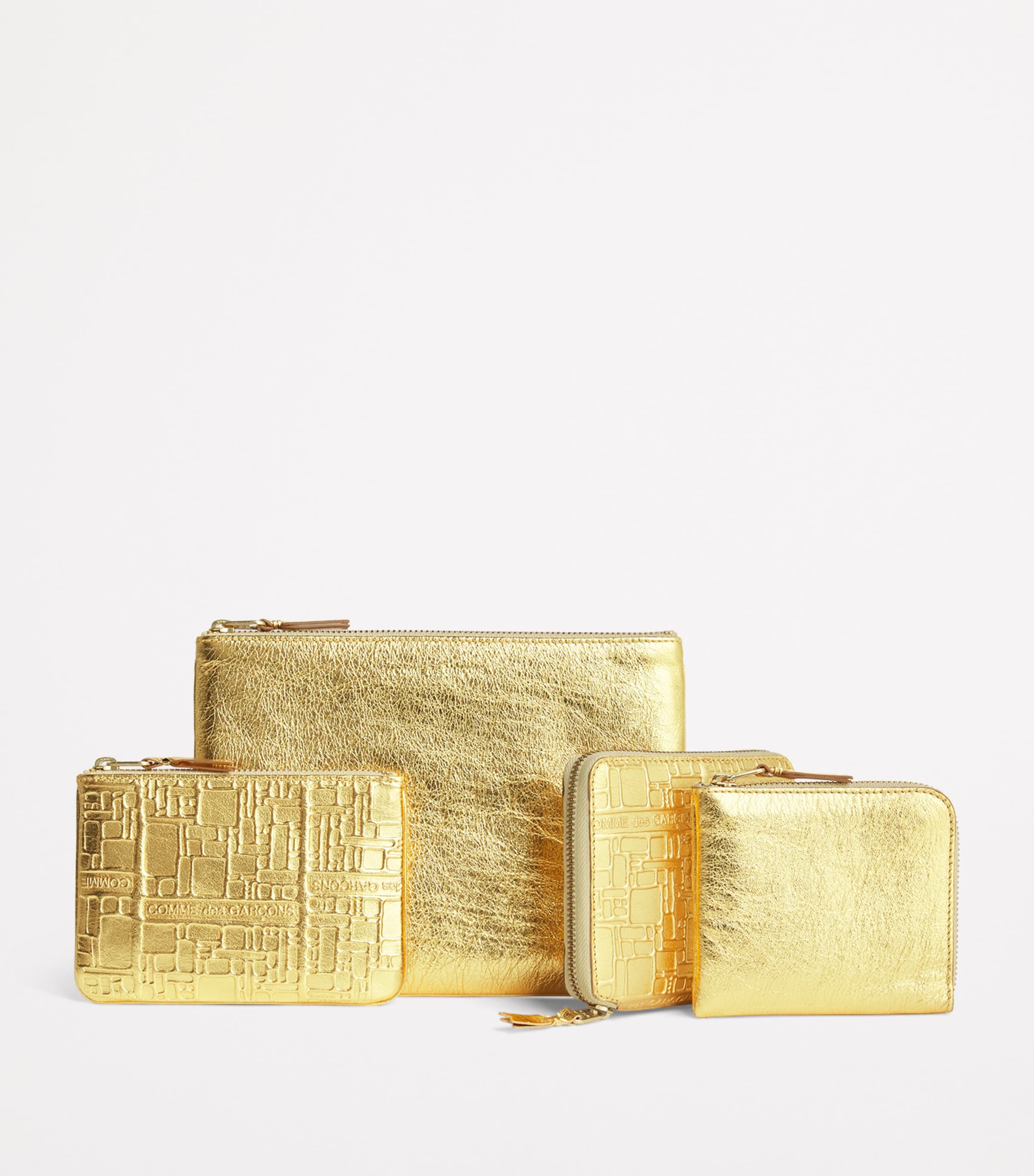 Comme Des Garçons Wallet Leather Embossed Logo Zipped Pouch Gold Image 3