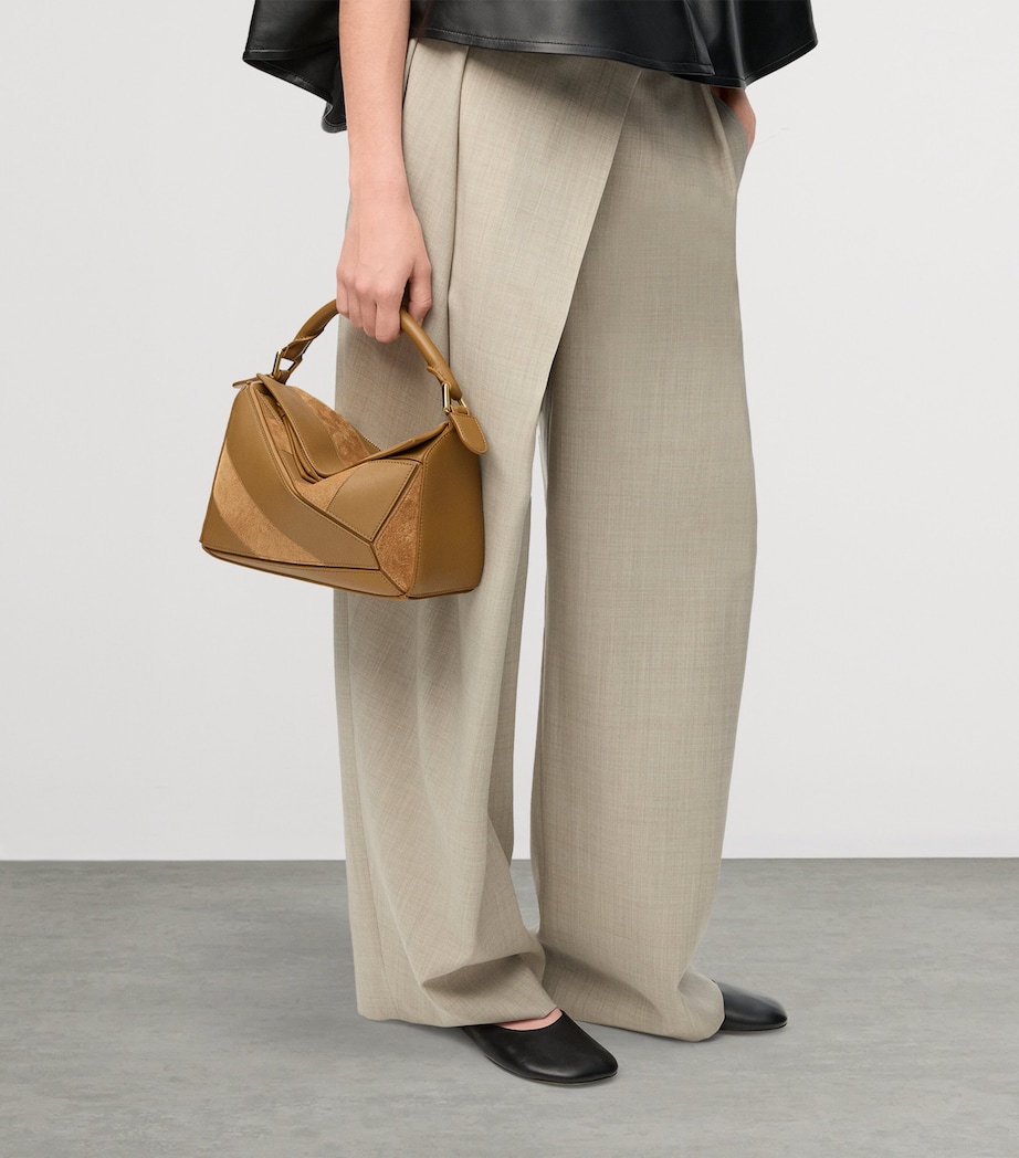 Small Leather Stripe Puzzle Edge Top-Handle Bag OAK Image 9