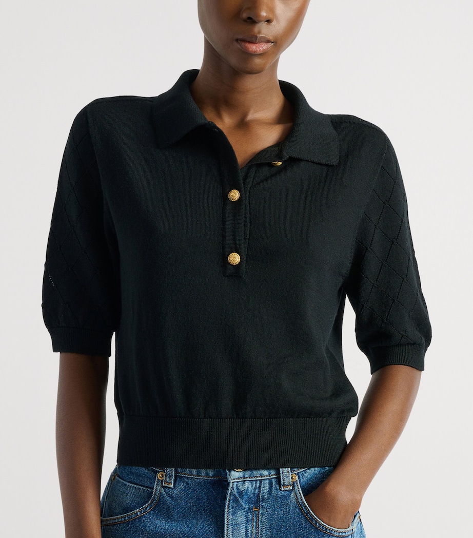 Balmain Womens Merino Wool Openwork Crop Polo Shirt Noir Image 4