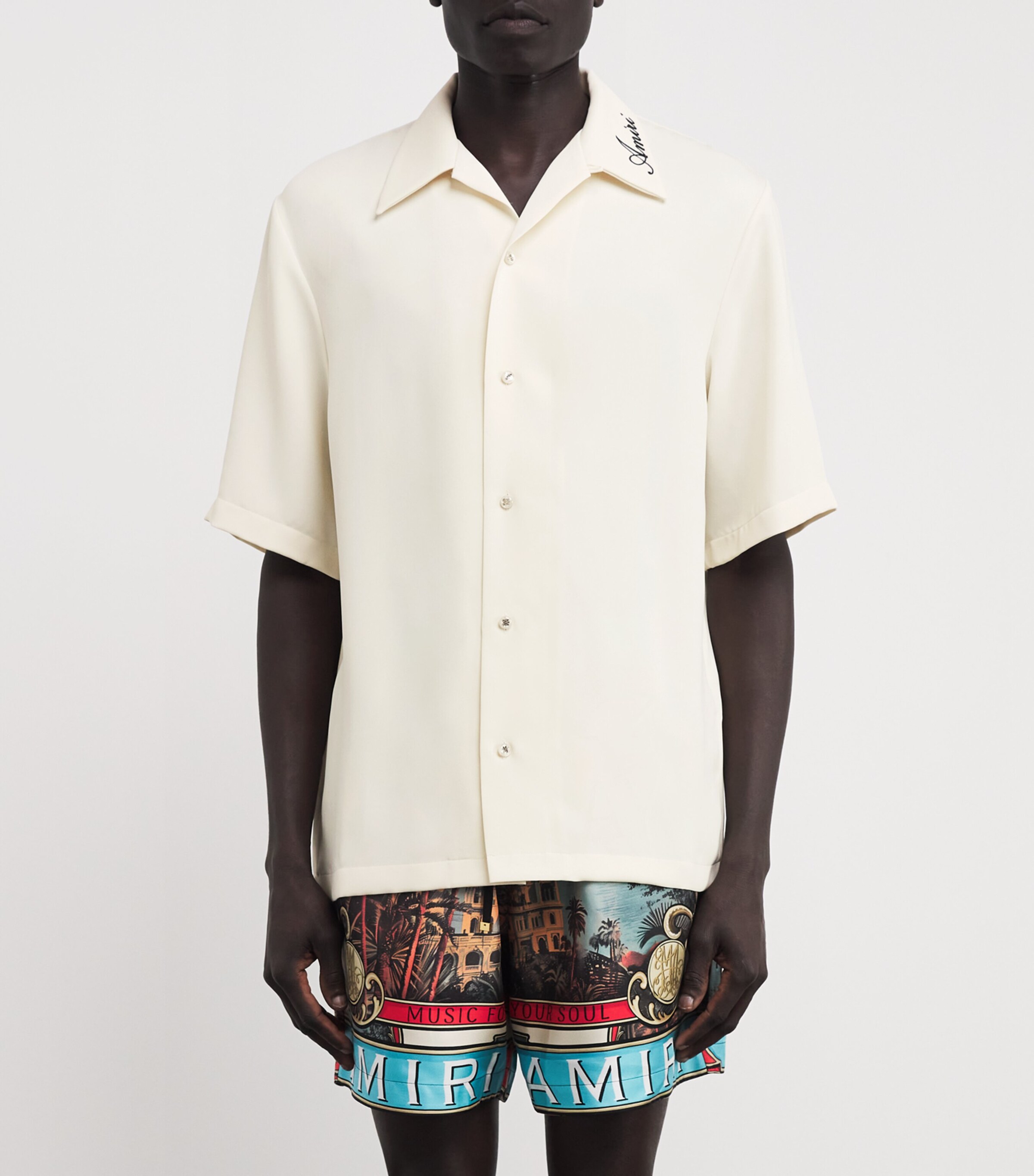 AMIRI Mens Embroidered Logo Short-Sleeve Shirt Alabaster Image 3