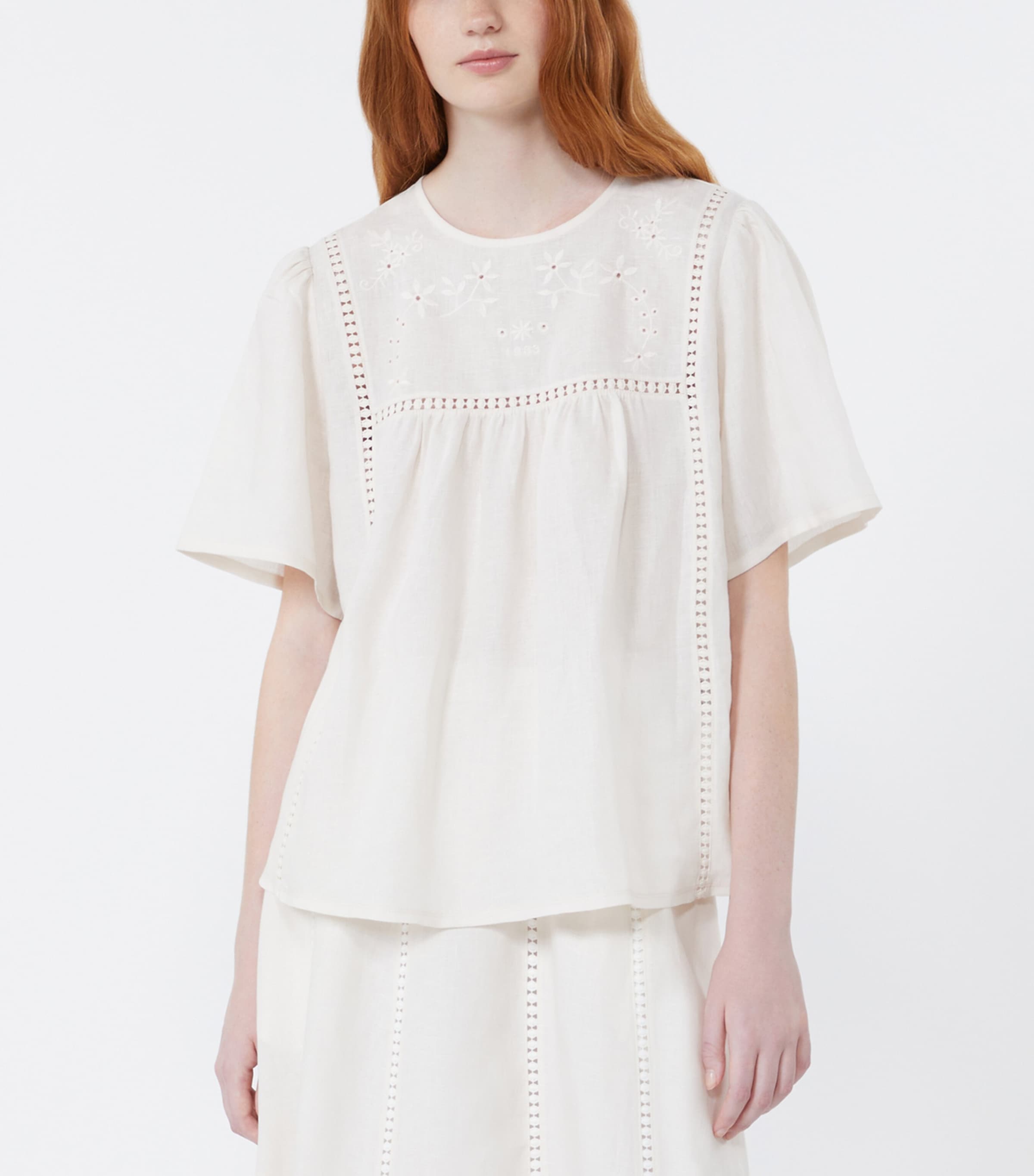Weekend Max Mara Womens Linen Floral-Embroidered Top Ecru Image 3