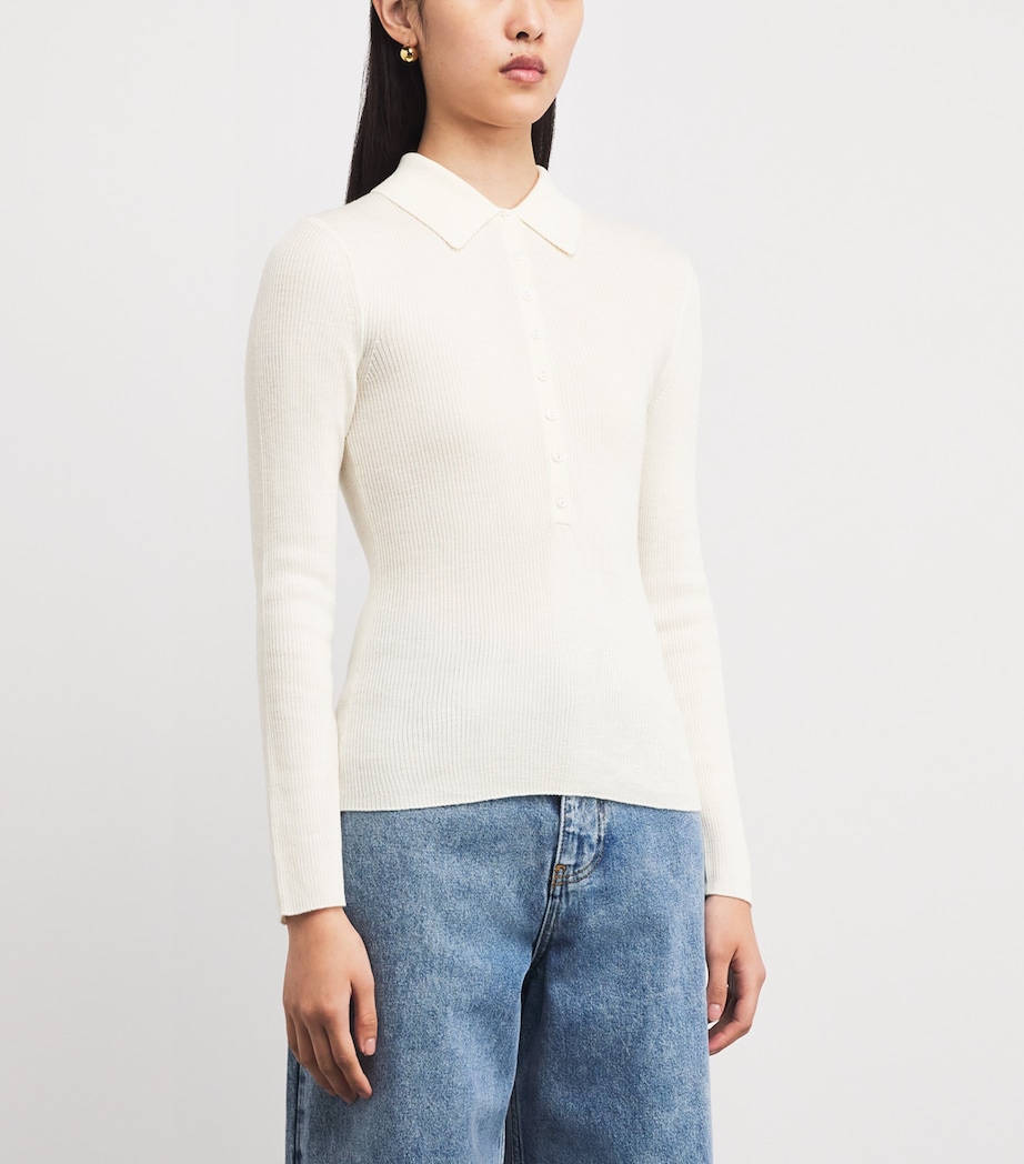 Wool-Silk Rib-Knit Polo Sweater ECRU Image 3