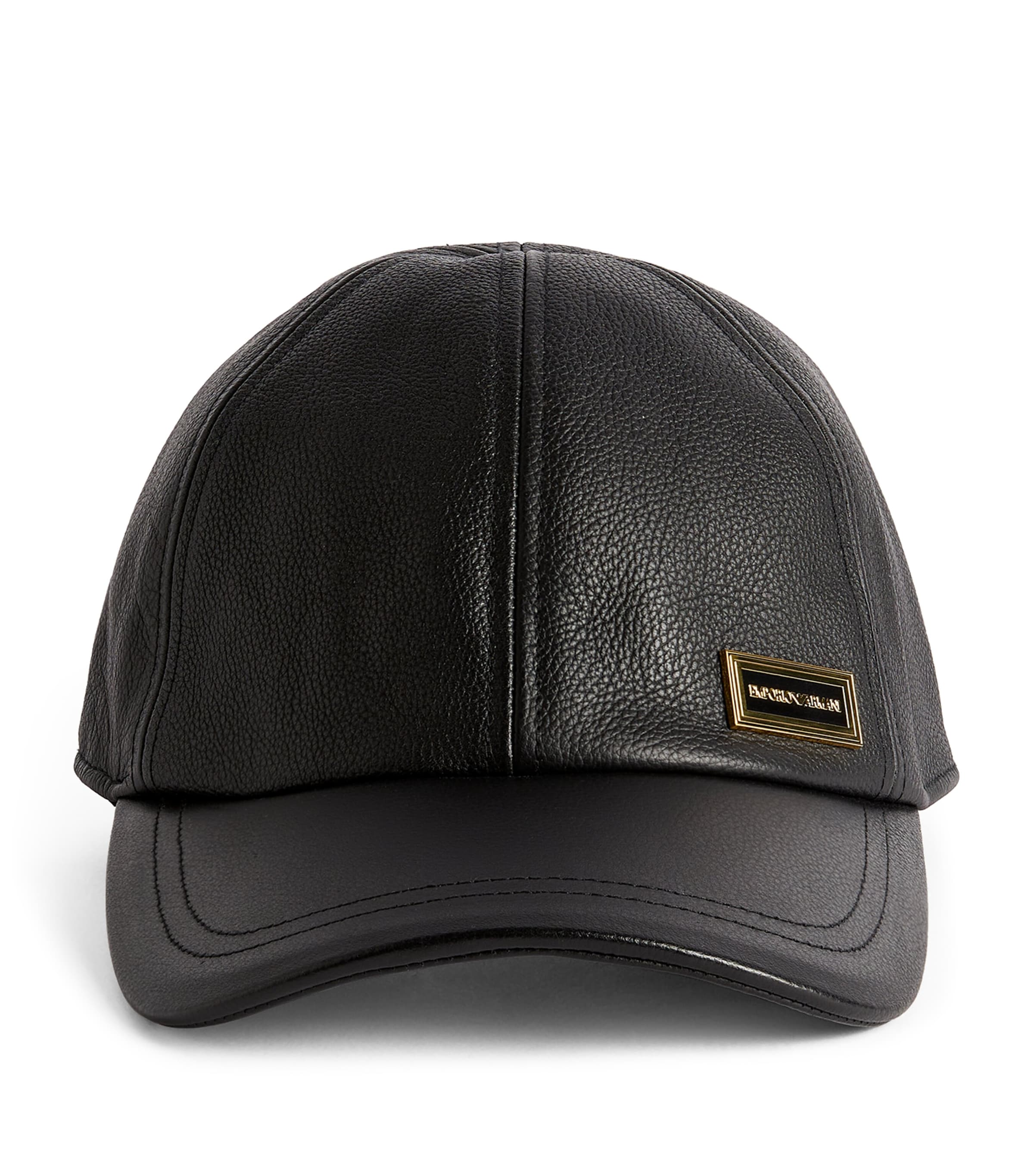 Shop Emporio Armani Leather Logo Baseball Cap In Black