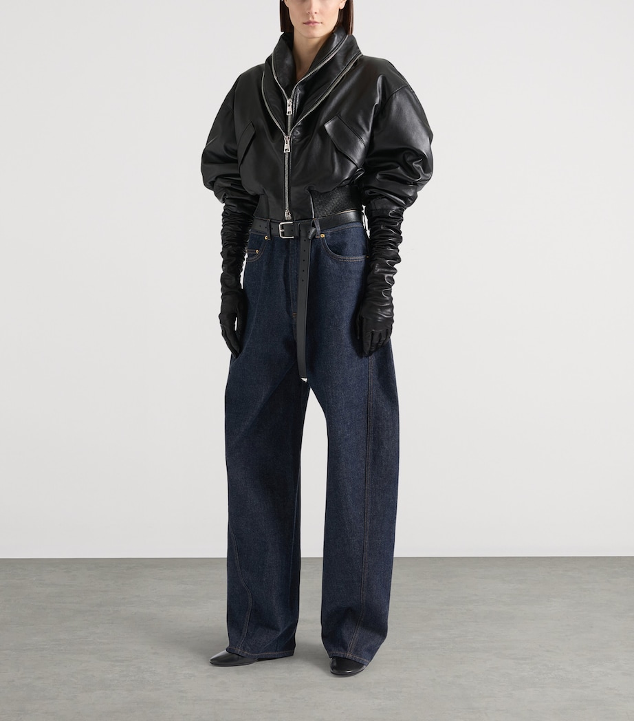 Leather Shawl-Collar Bomber Jacket BLACK Image 2