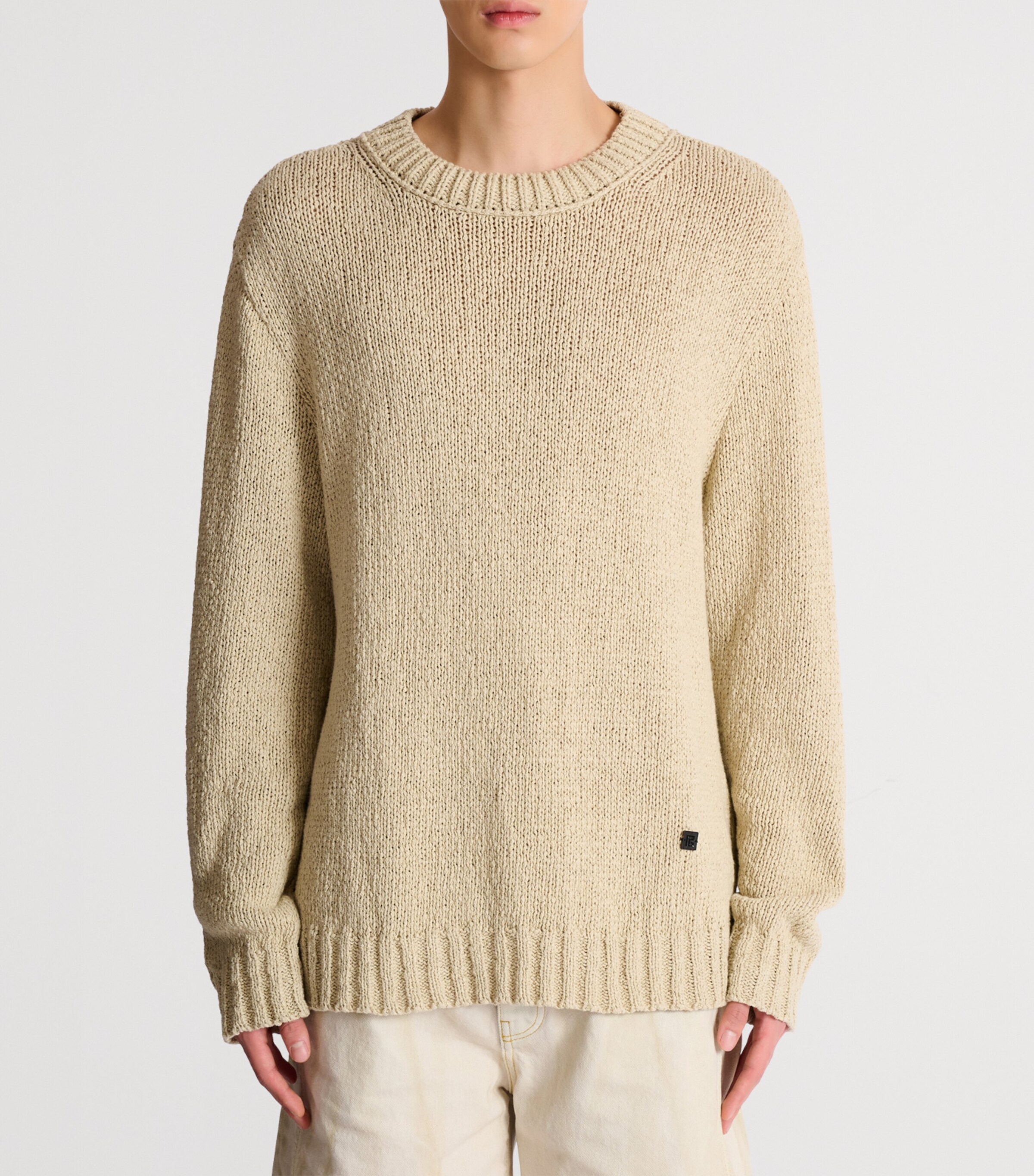 Balmain Mens Cotton Crew-Neck Sweater Beige Foncé Image 2