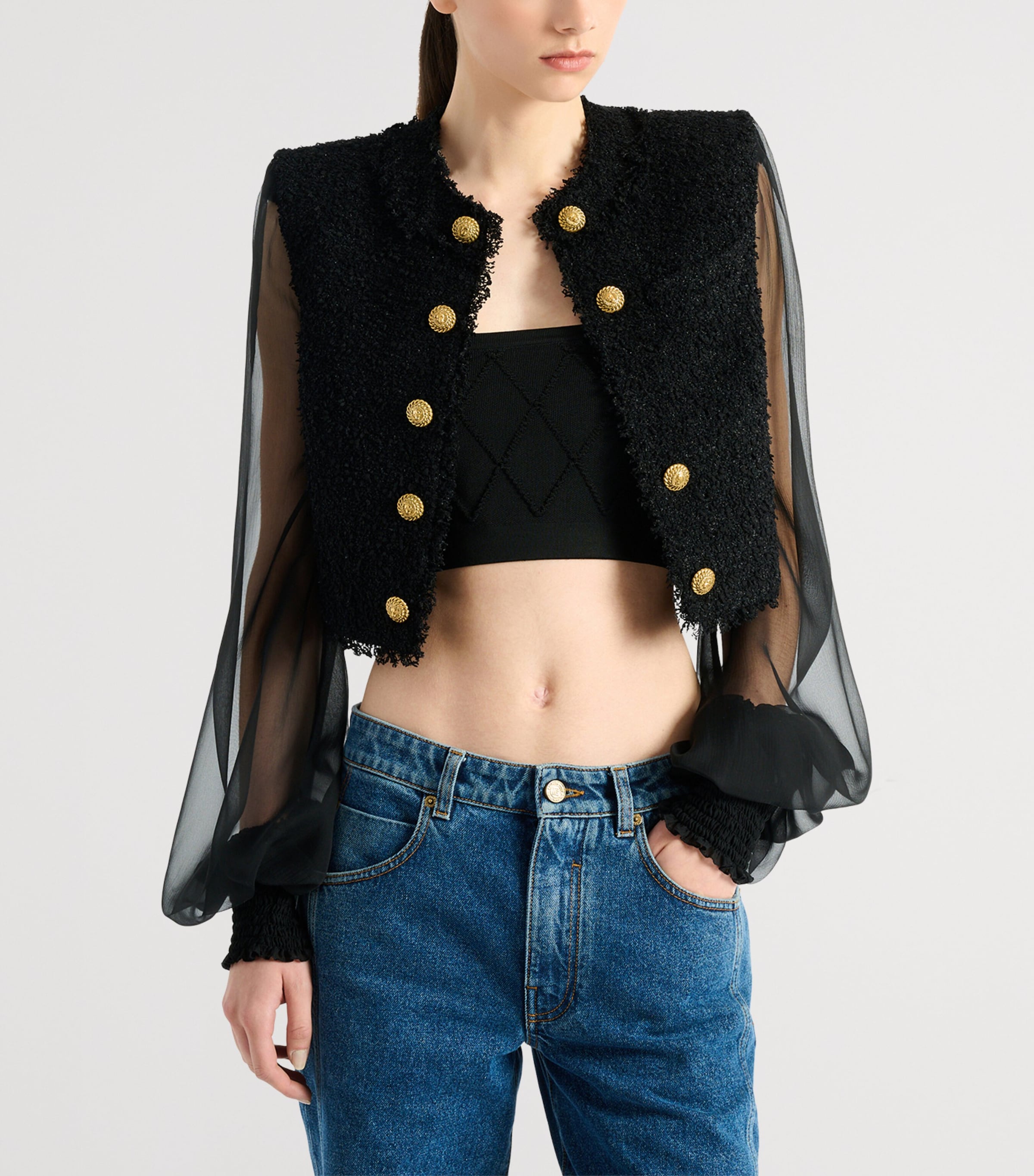Balmain Womens Tweed Muslin-Sleeve Blouse Eap Noir/noir Image 4