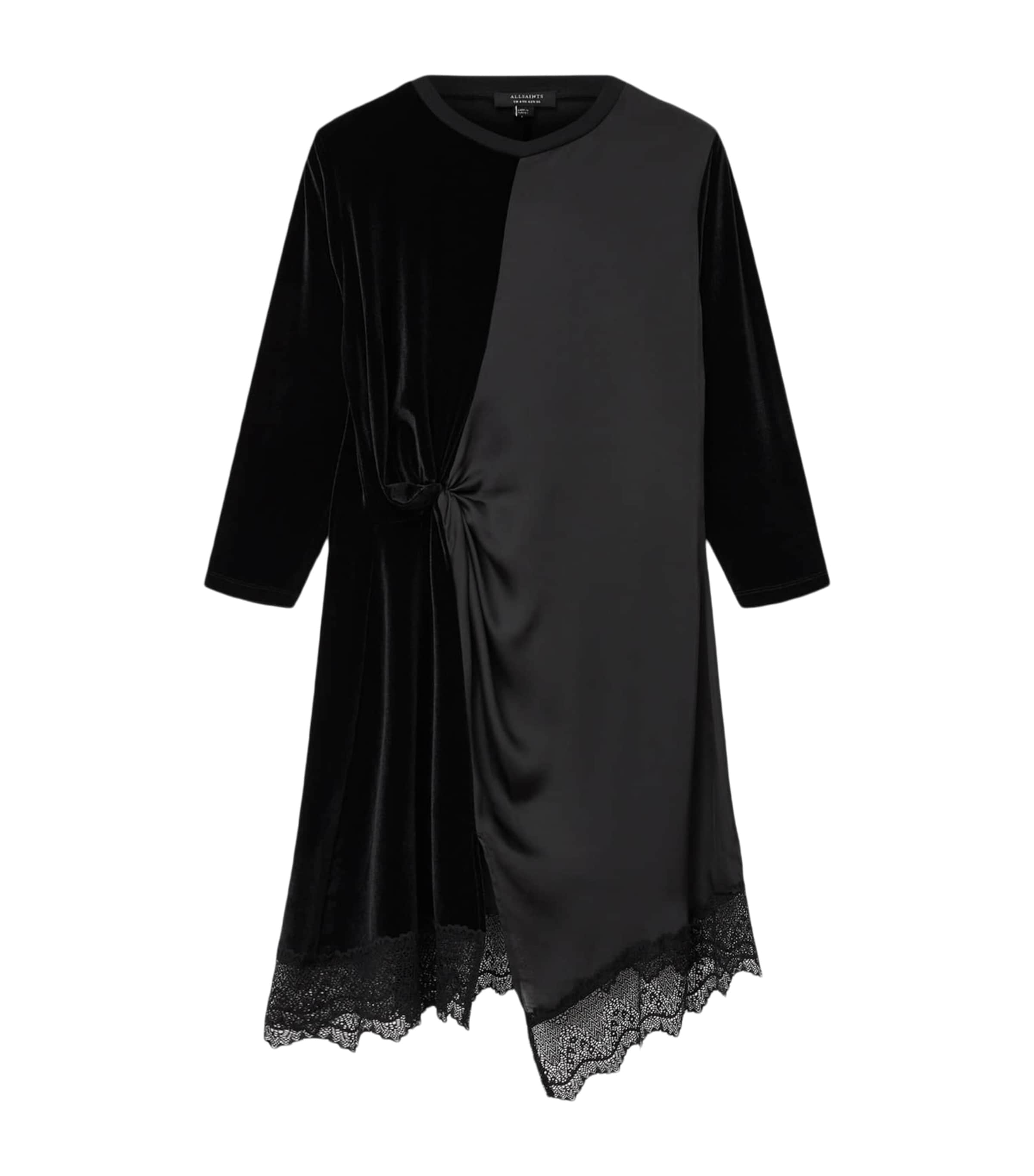 Allsaints Womens Black Lana Lace-trim Cotton-velvet Mini Dress In Black