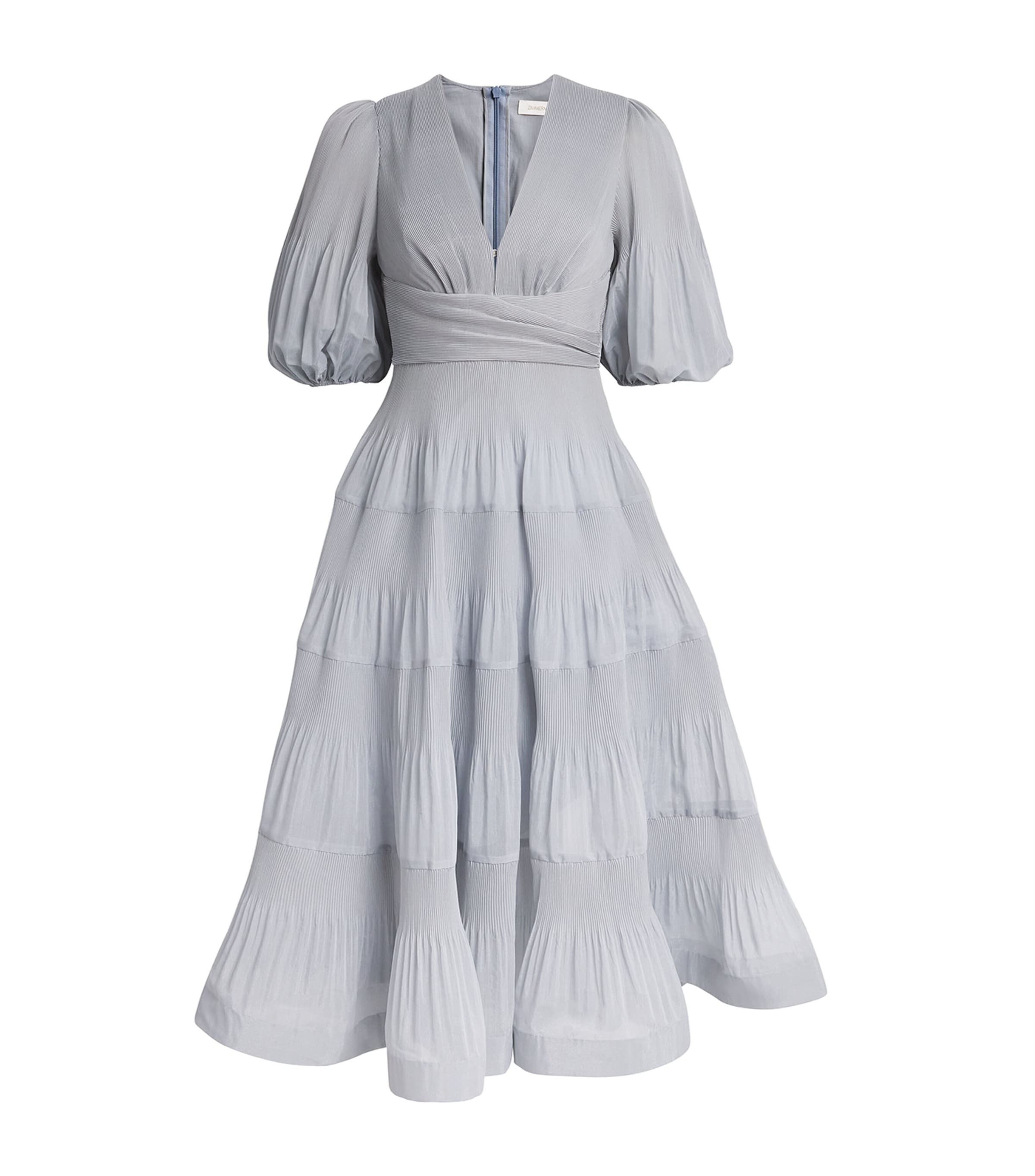 Zimmermann Womens Pleated Plunge-Neck Midi Dress Steel Blue Image 1