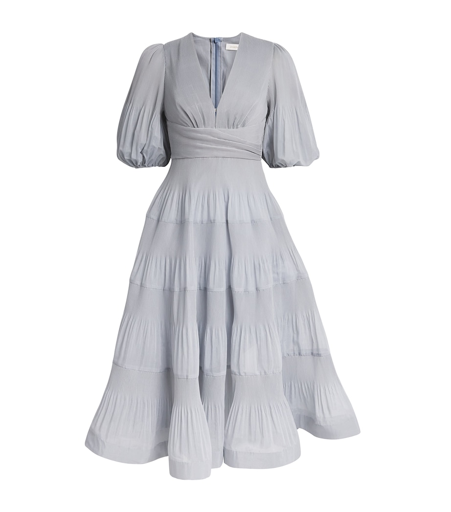 Zimmermann Womens Pleated Plunge-Neck Midi Dress Steel Blue Image 1