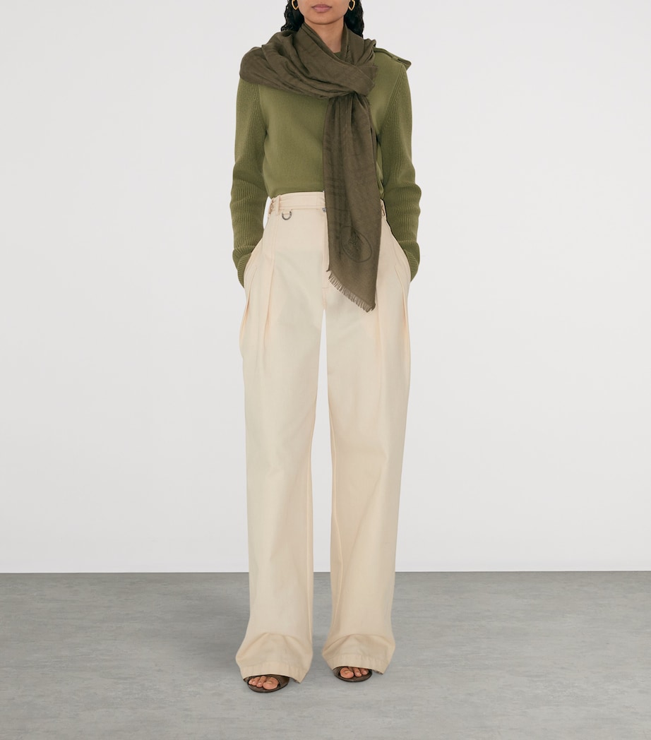 Wool-Silk Wide Check Scarf SWAMP GREEN Image 3