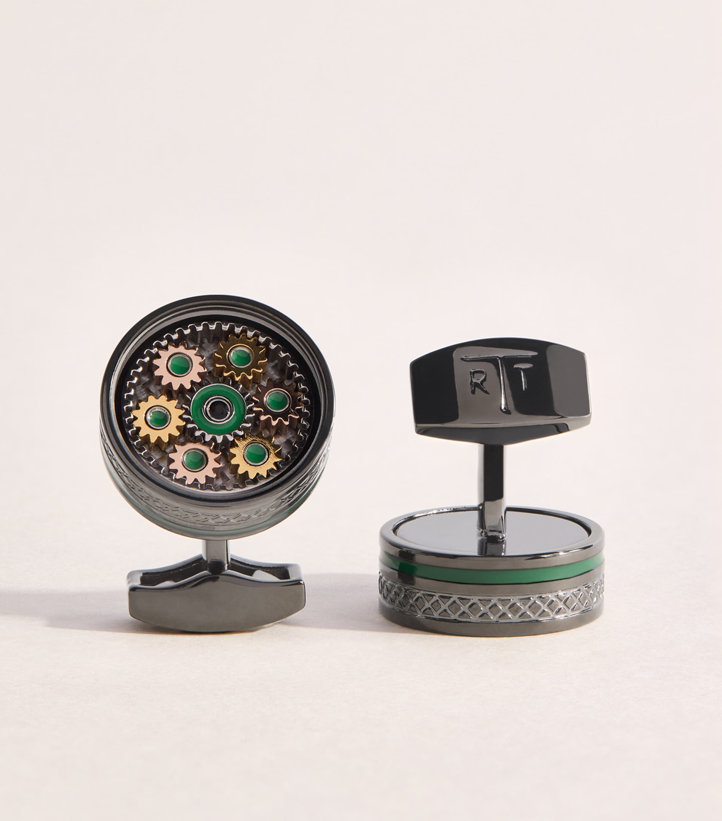Tateossian Gunmetal Septa Gear Cufflinks Green Image 1
