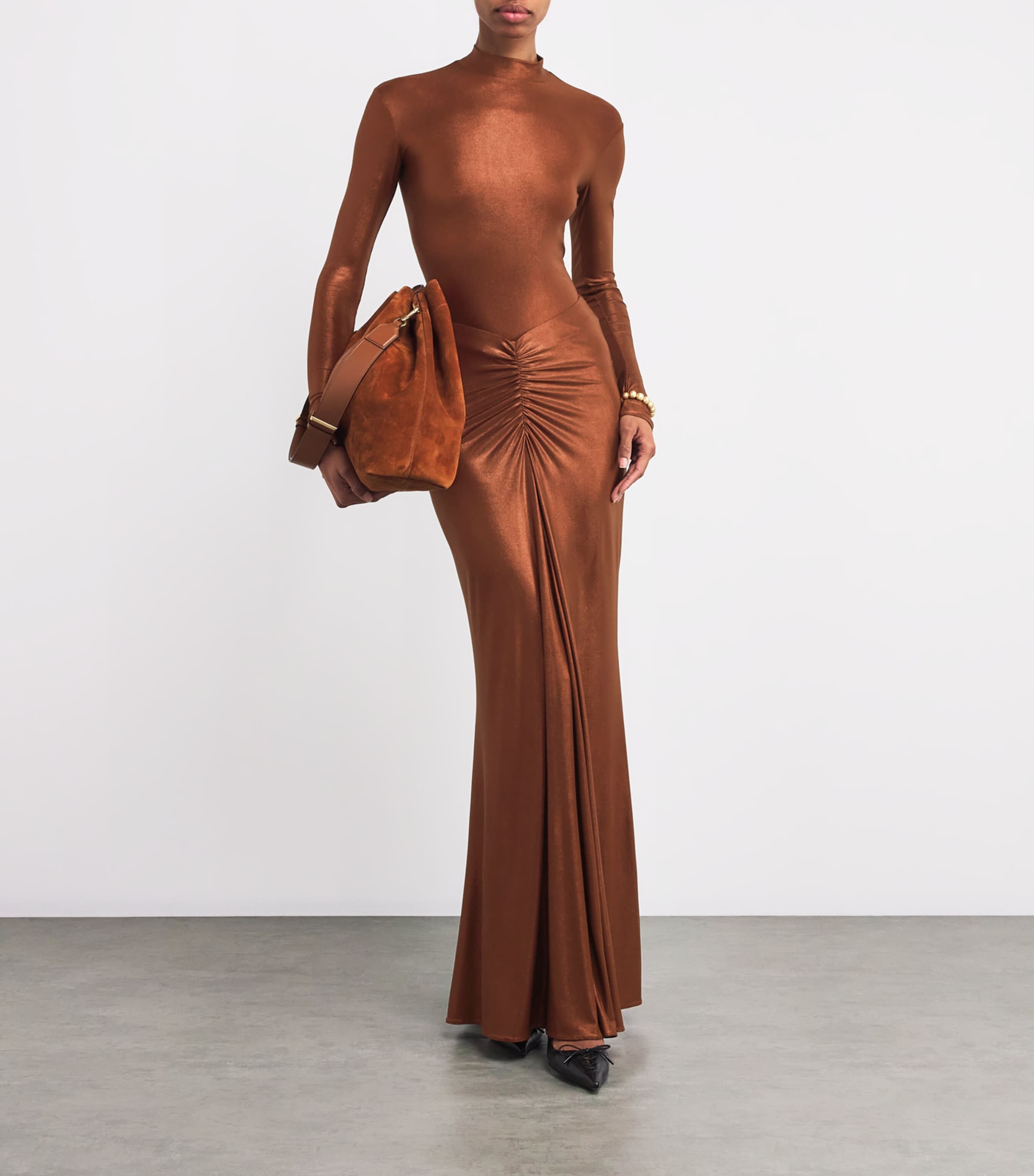 LAPOINTE Womens Coated Jersey Ruched Maxi Skirt Copper Image 2