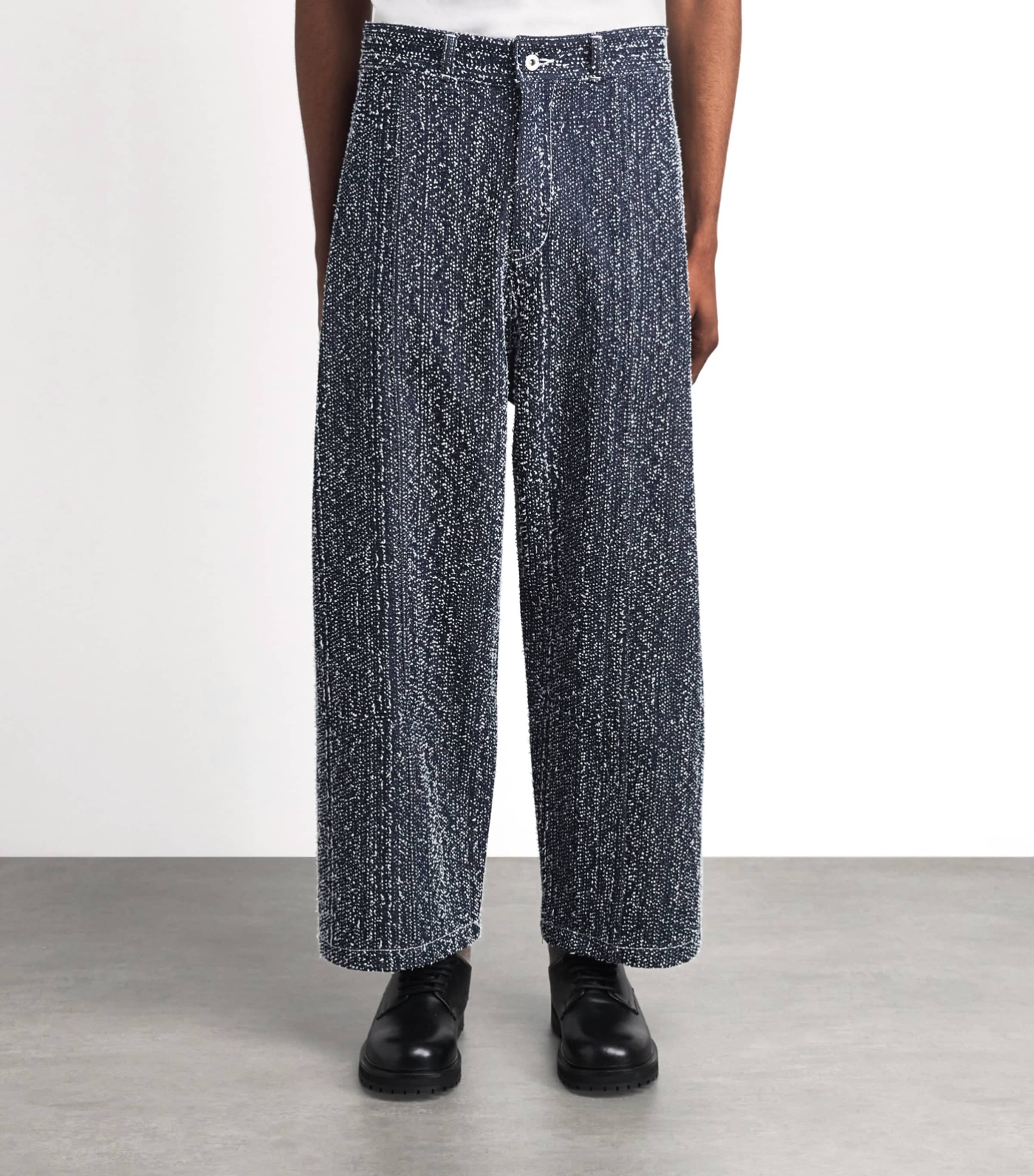 Sage Nation Mens Denim Speckled Box-Pleat Trousers Snow Nep Image 4